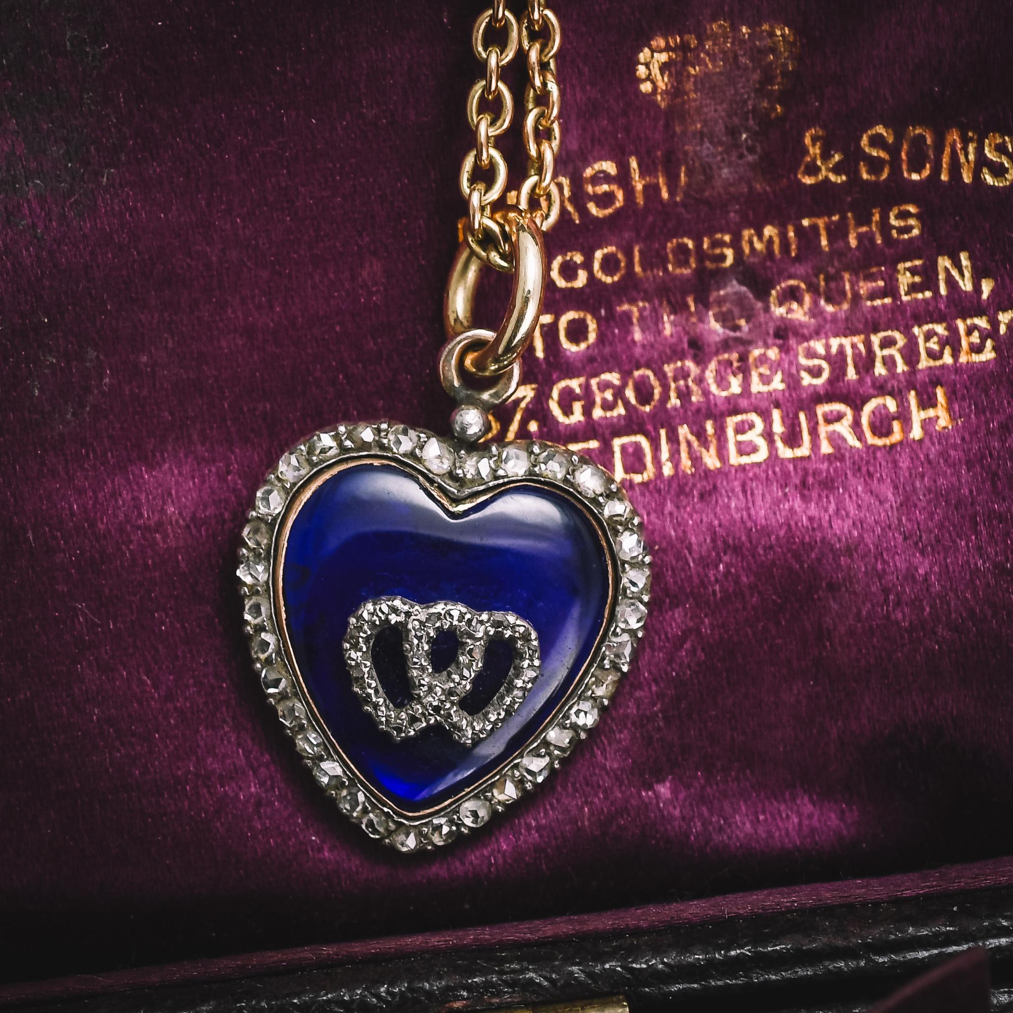 Antique Early Victorian Diamond Enamel Double Heart Pendant 1