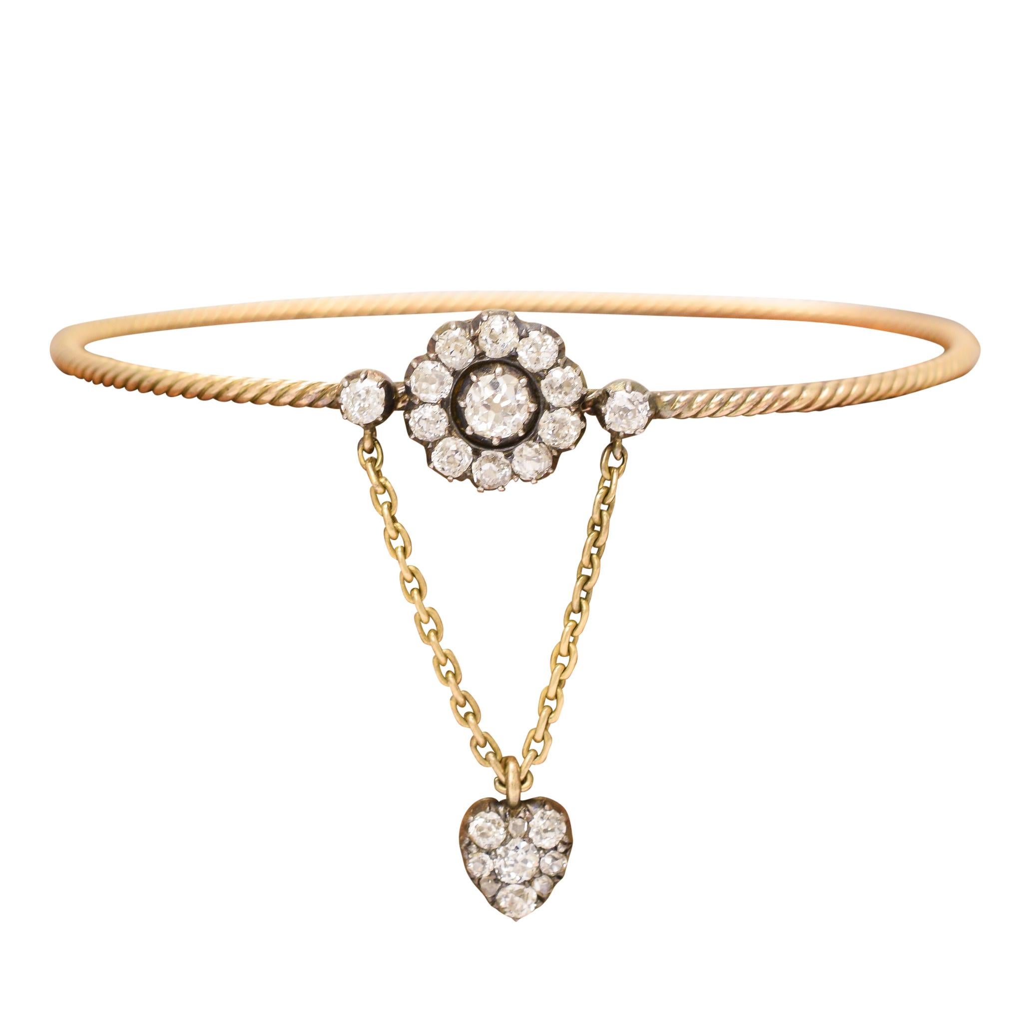 Antique Early Victorian Diamond Flower and Heart Bangle For Sale