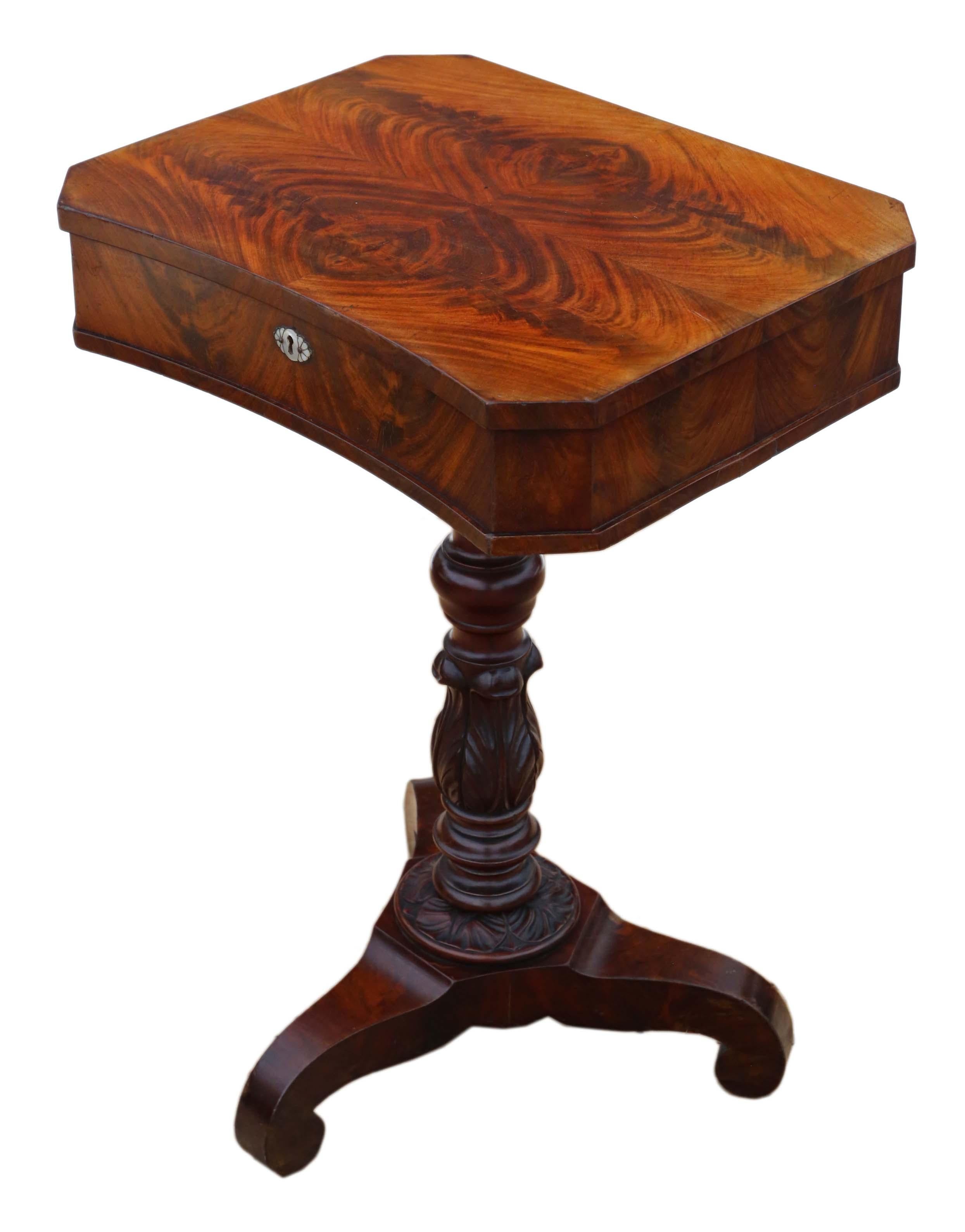 Mid-19th Century Antique Early Victorian Flame Mahogany Work Side Sewing Table For Sale