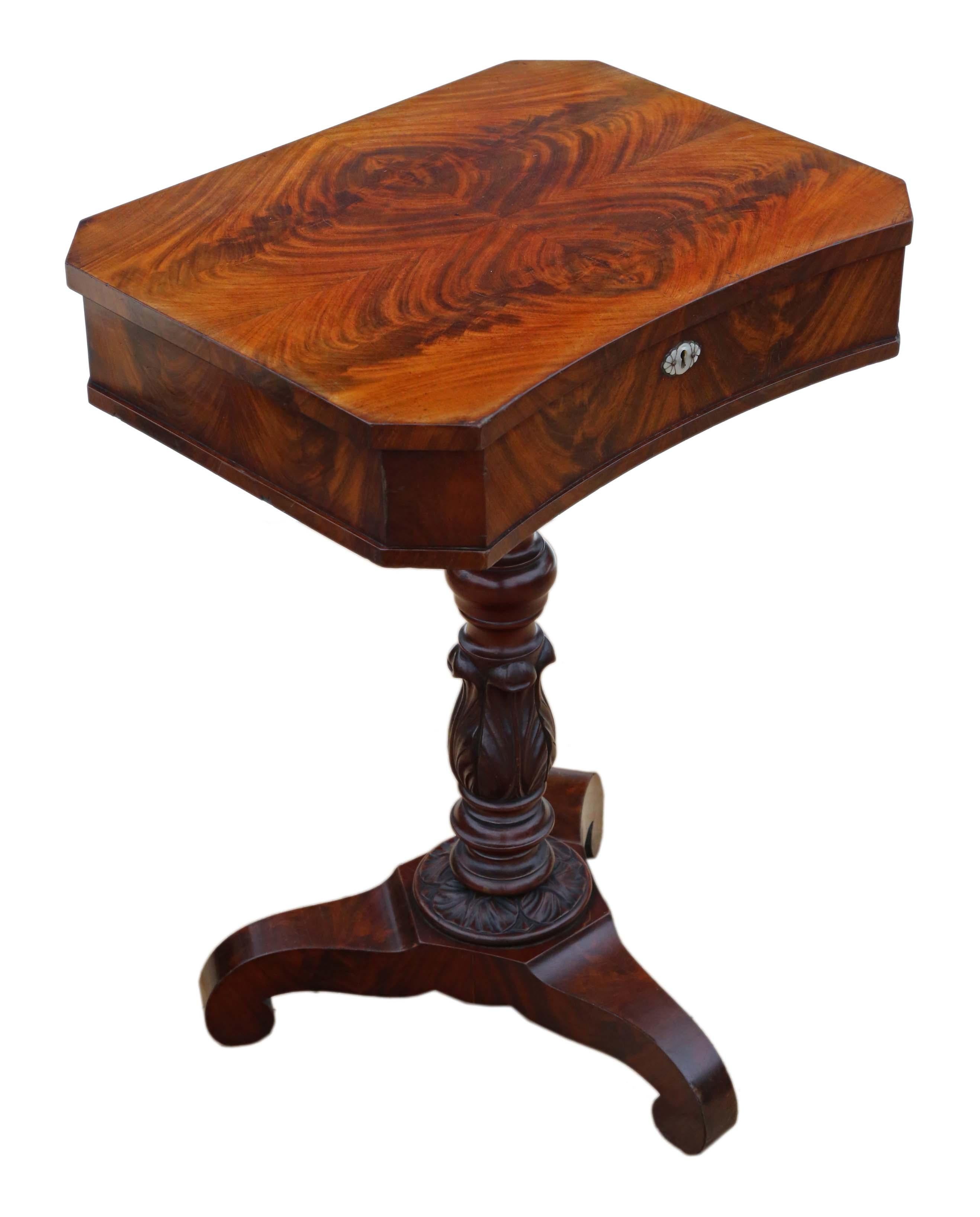 Wood Antique Early Victorian Flame Mahogany Work Side Sewing Table For Sale