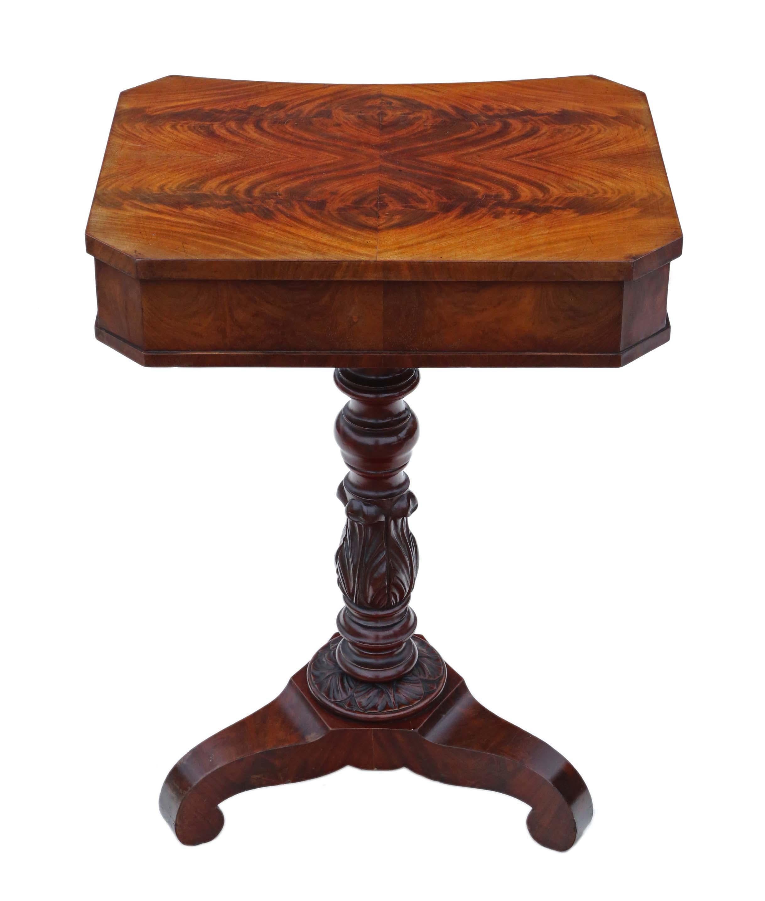 Antique Early Victorian Flame Mahogany Work Side Sewing Table For Sale 1