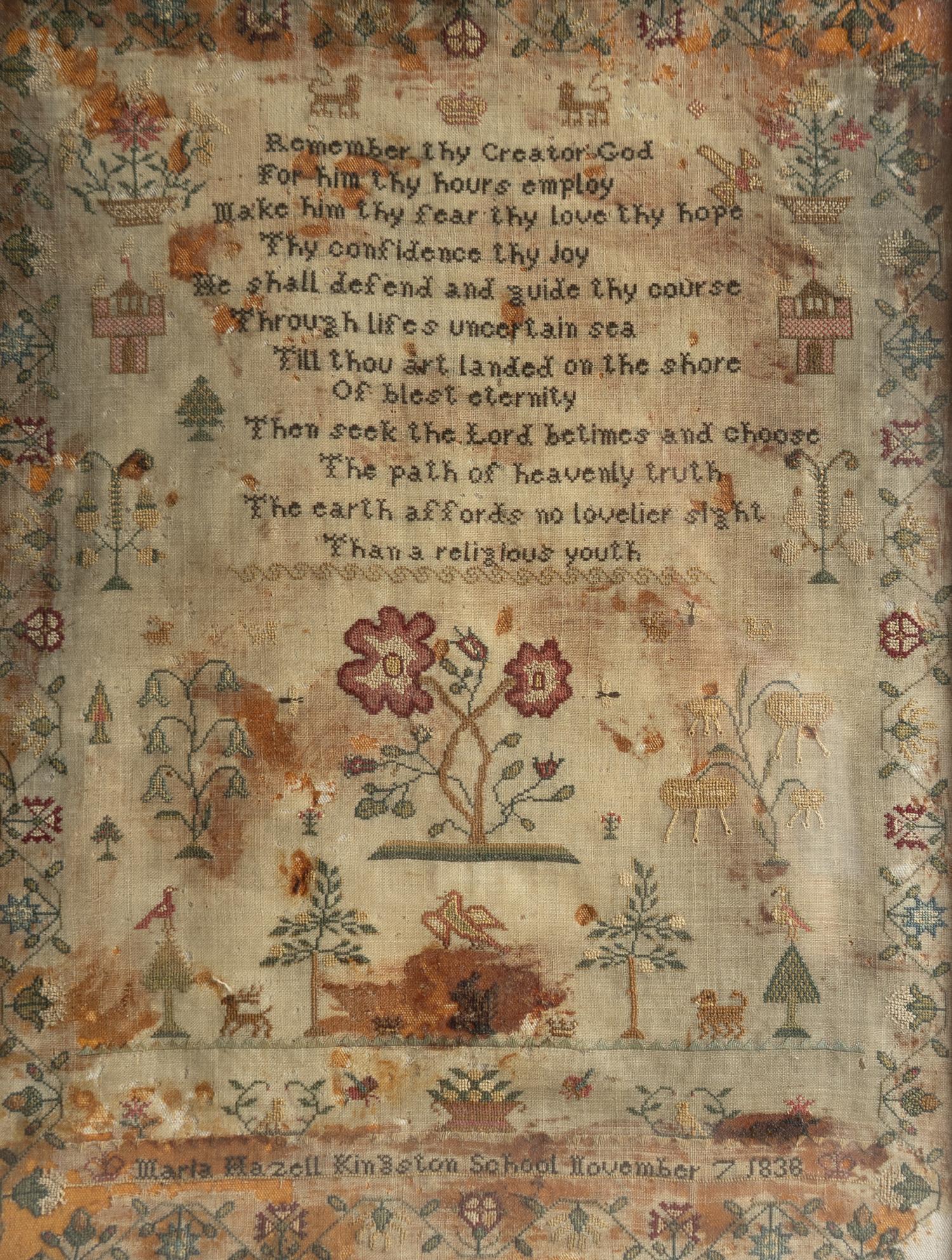 Antique Early Victorian Folk Art Needlework Sampler In Gilt Frame, 1830s 4