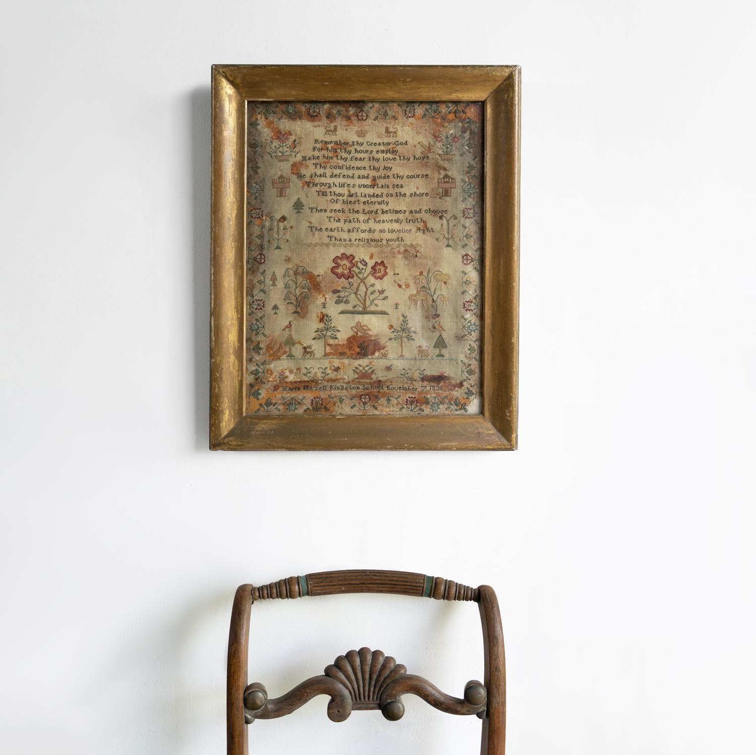 Antique Early Victorian Folk Art Needlework Sampler In Gilt Frame, 1830s 5