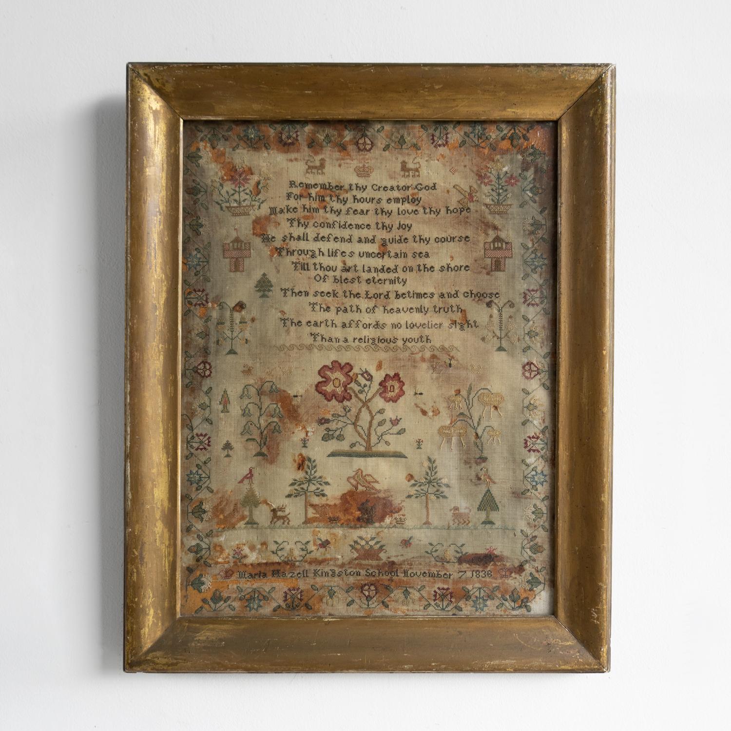 Antique Early Victorian Folk Art Needlework Sampler In Gilt Frame, 1830s 6