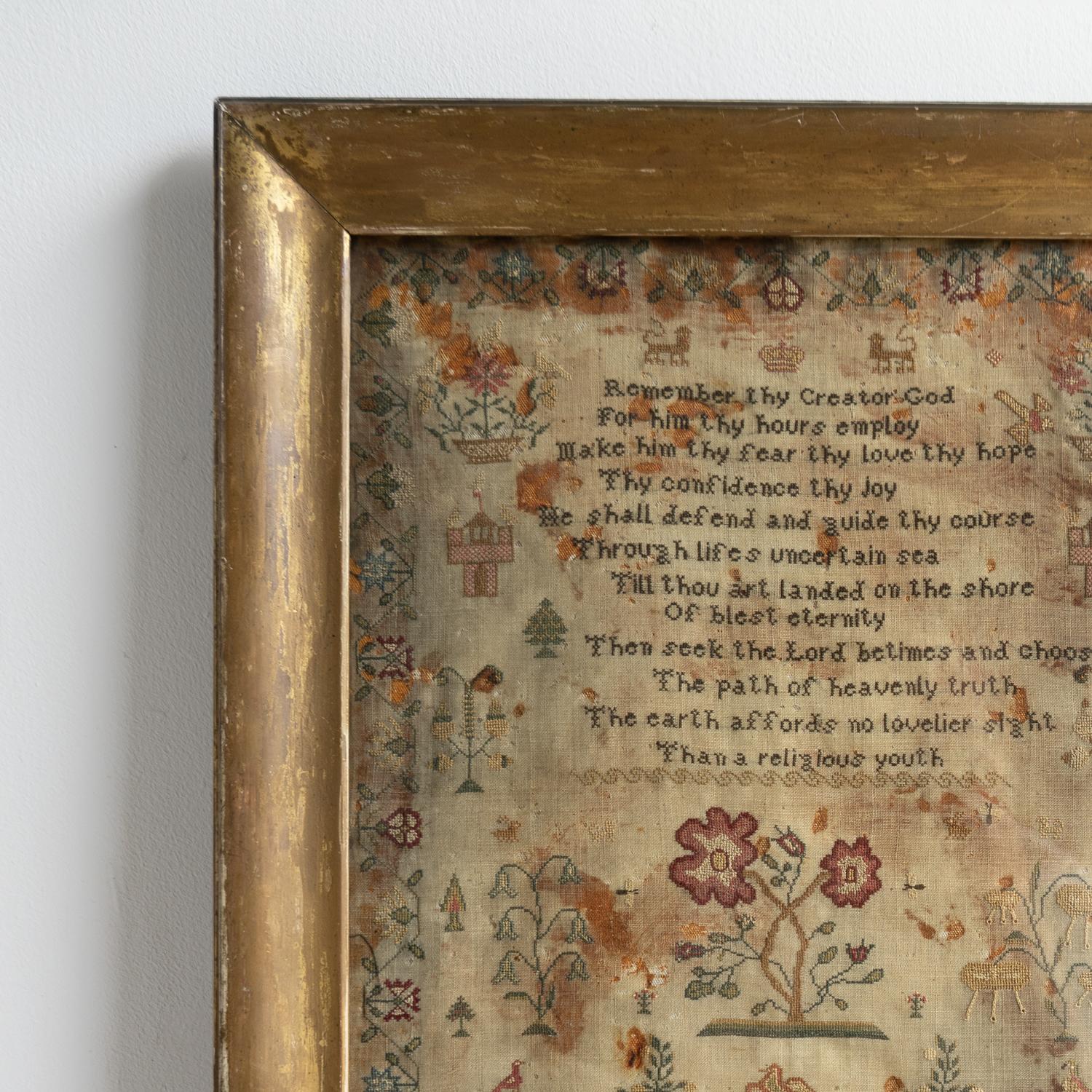 British Antique Early Victorian Folk Art Needlework Sampler In Gilt Frame, 1830s