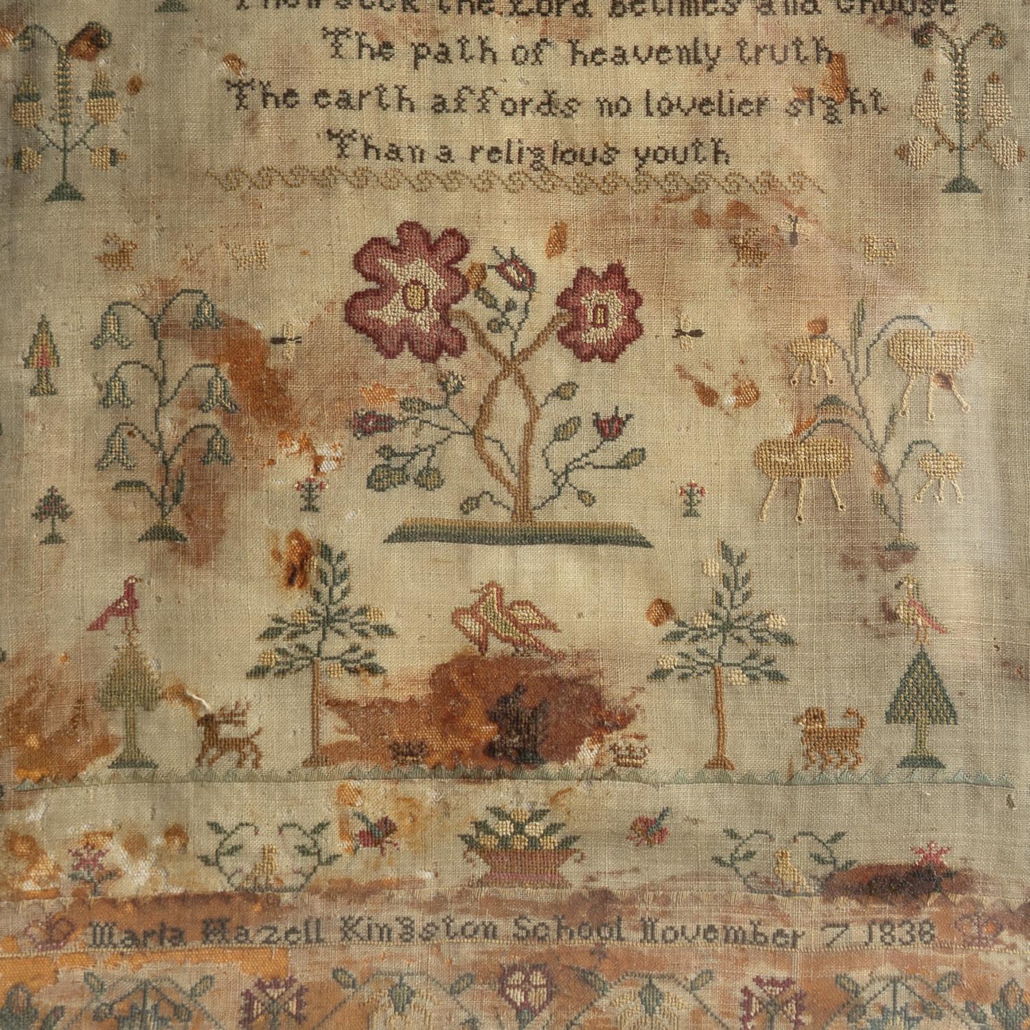 Antique Early Victorian Folk Art Needlework Sampler In Gilt Frame, 1830s In Good Condition In Bristol, GB