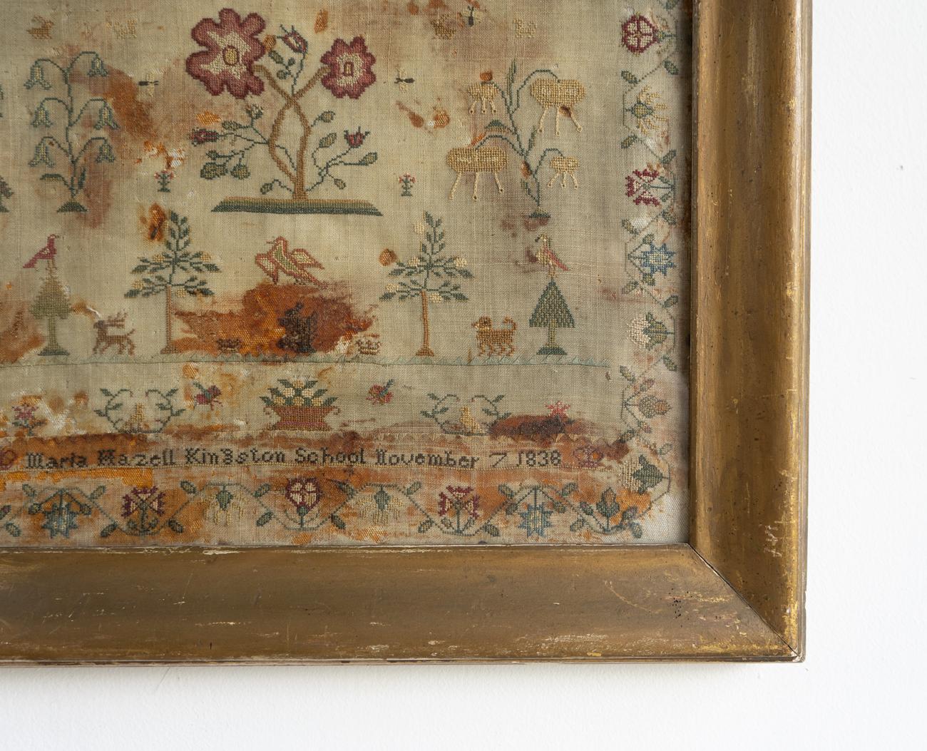 Antique Early Victorian Folk Art Needlework Sampler In Gilt Frame, 1830s 1