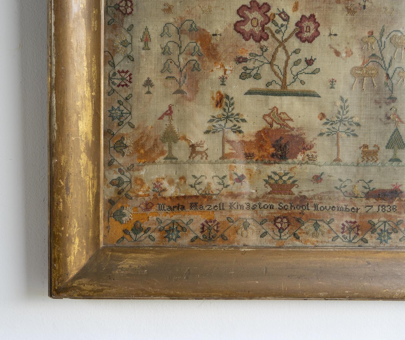Antique Early Victorian Folk Art Needlework Sampler In Gilt Frame, 1830s 2