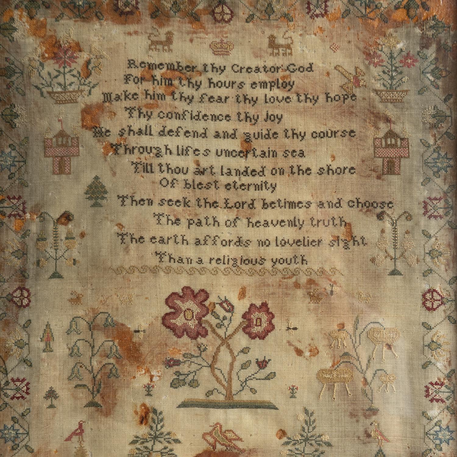 Antique Early Victorian Folk Art Needlework Sampler In Gilt Frame, 1830s 3
