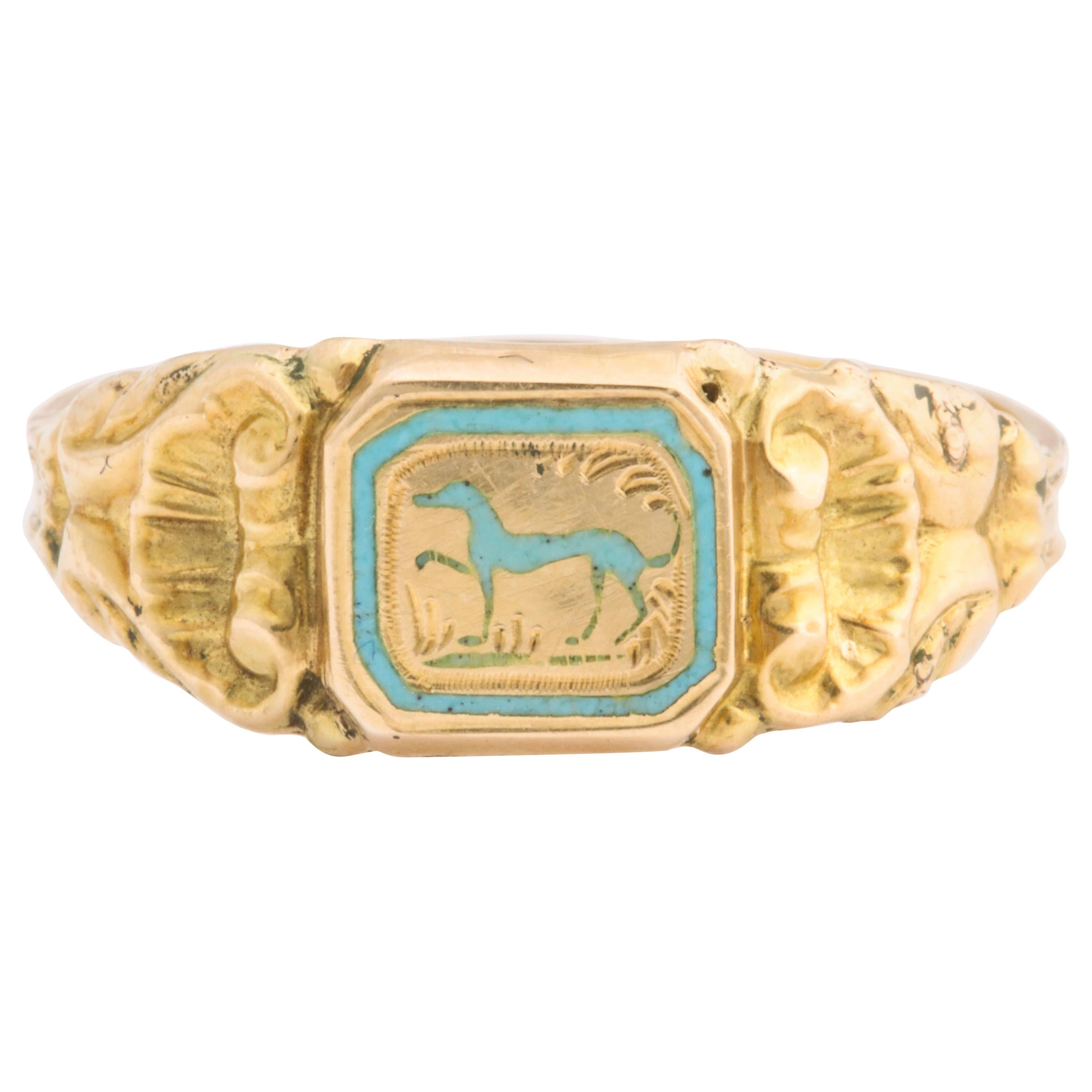 Antique Early Victorian French Prancing Hound Ring