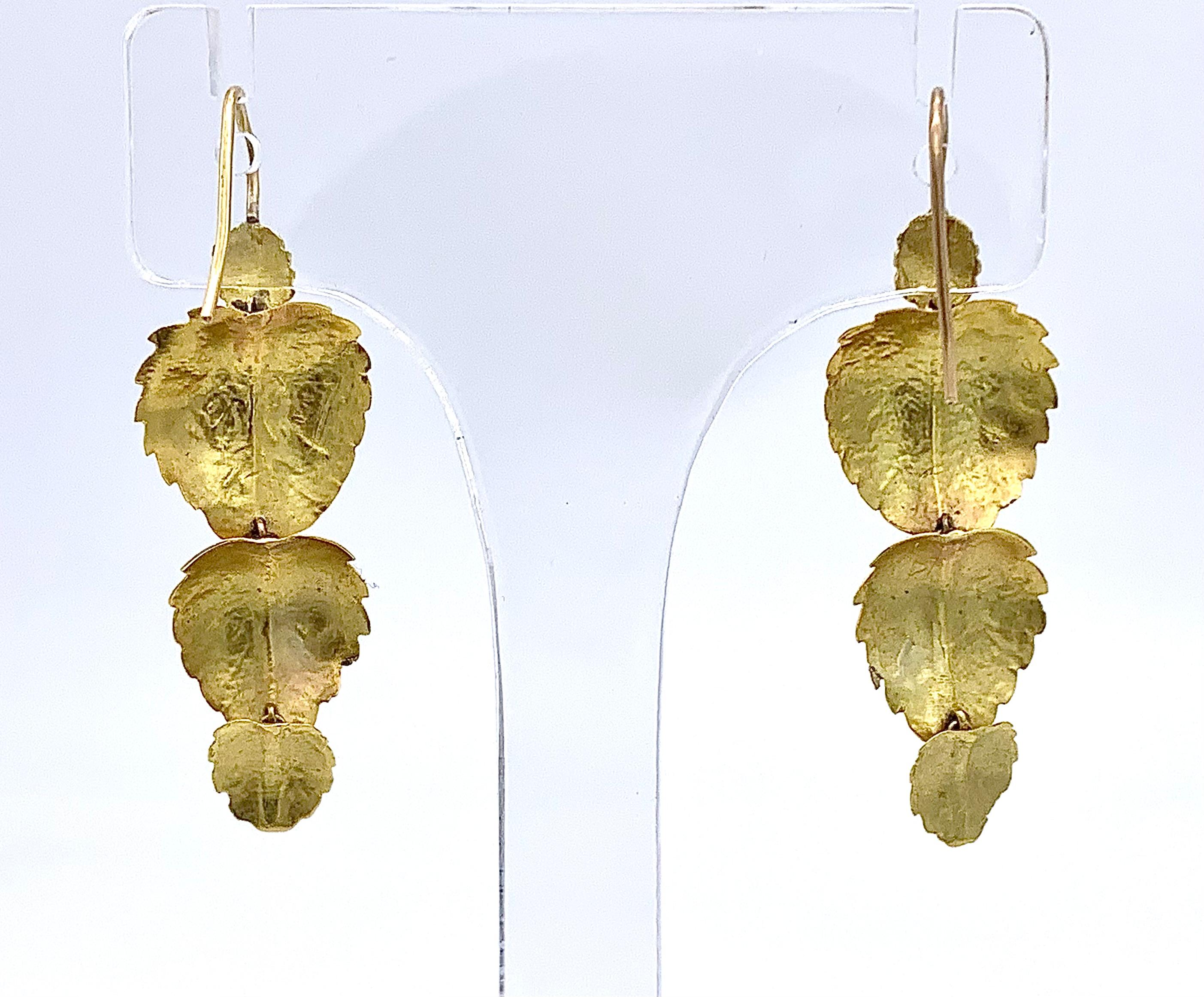 Oval Cut Antique Early Victorian  Gold Almandine Garnet Dangle Earrings Leaf