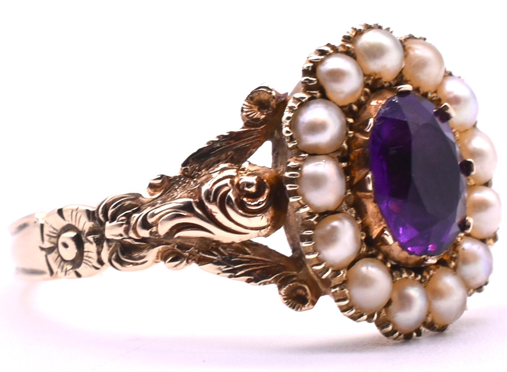 George IV Antique Early Victorian Gold, Amethyst and Seed Pearl Ring, circa 1850