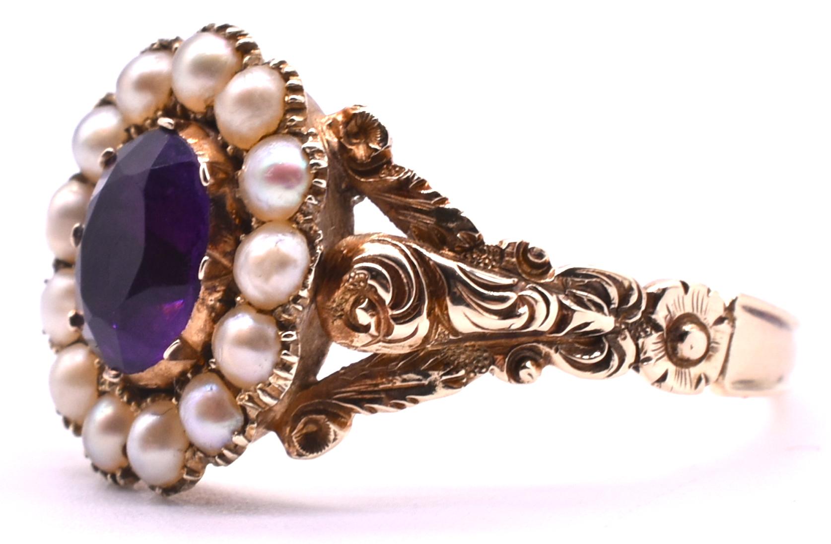 Cushion Cut Antique Early Victorian Gold, Amethyst and Seed Pearl Ring, circa 1850