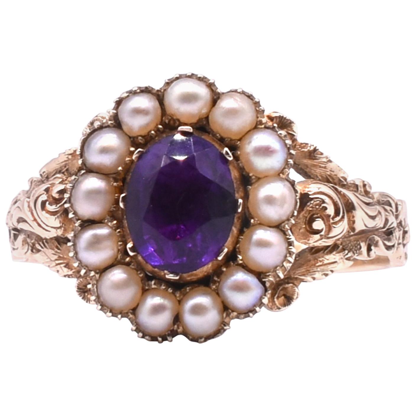 Antique Early Victorian Gold, Amethyst and Seed Pearl Ring, circa 1850