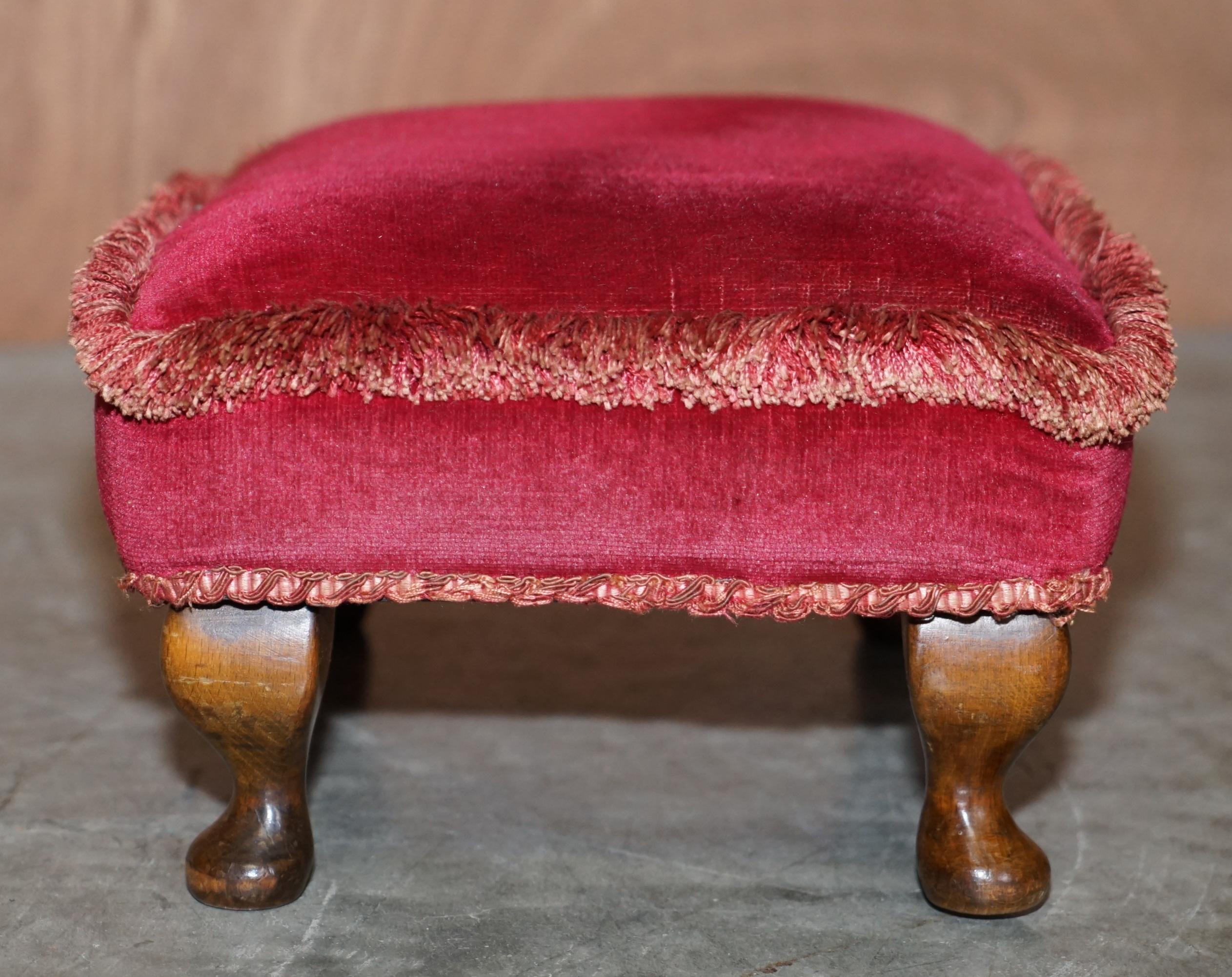 Antique Early Victorian Hardwood Footstool Pink Upholstery for Wingback Armchair 1