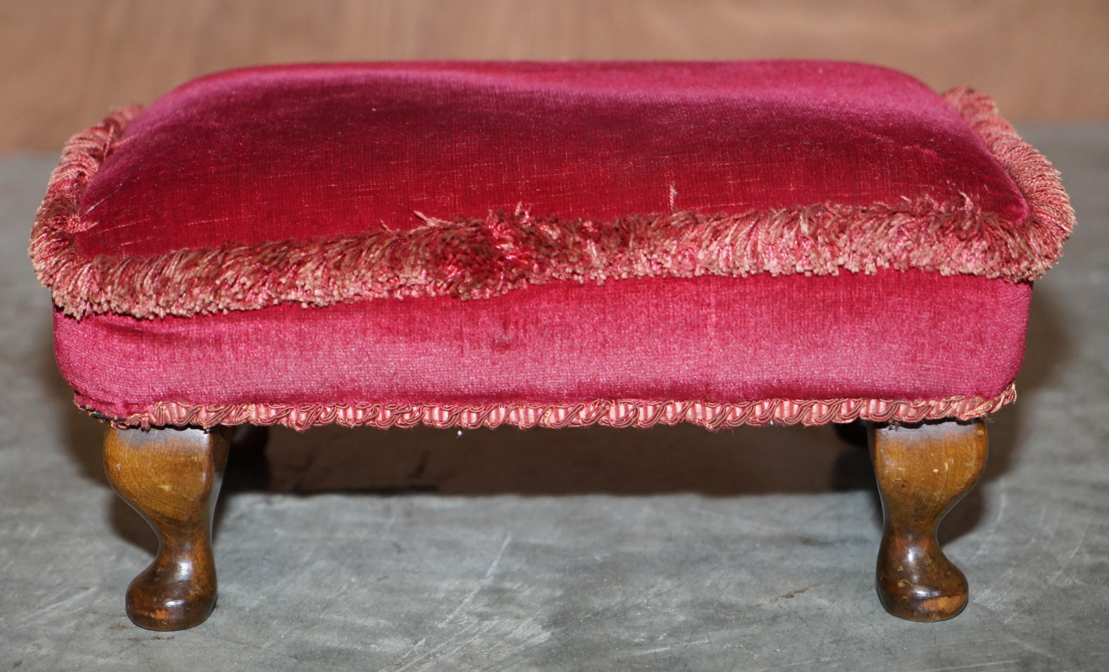 Antique Early Victorian Hardwood Footstool Pink Upholstery for Wingback Armchair 2