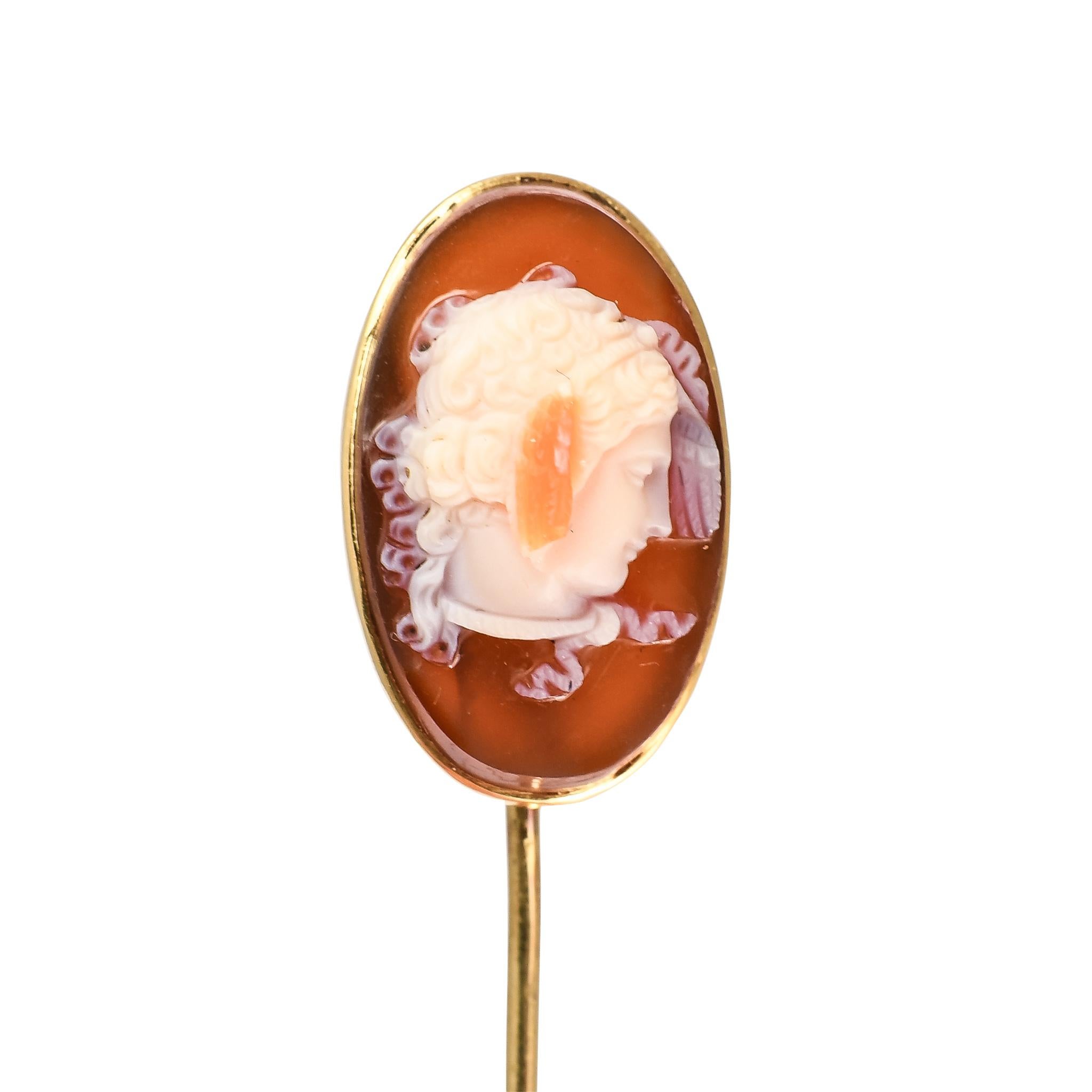 An incredible antique stick pin featuring an exceptionally well executed sardonyx cameo of Medusa the Gorgon. Depicted here as a winged head, with striking beauty, and a snake knotted around her neck - the level of detail is extraordinary, and the