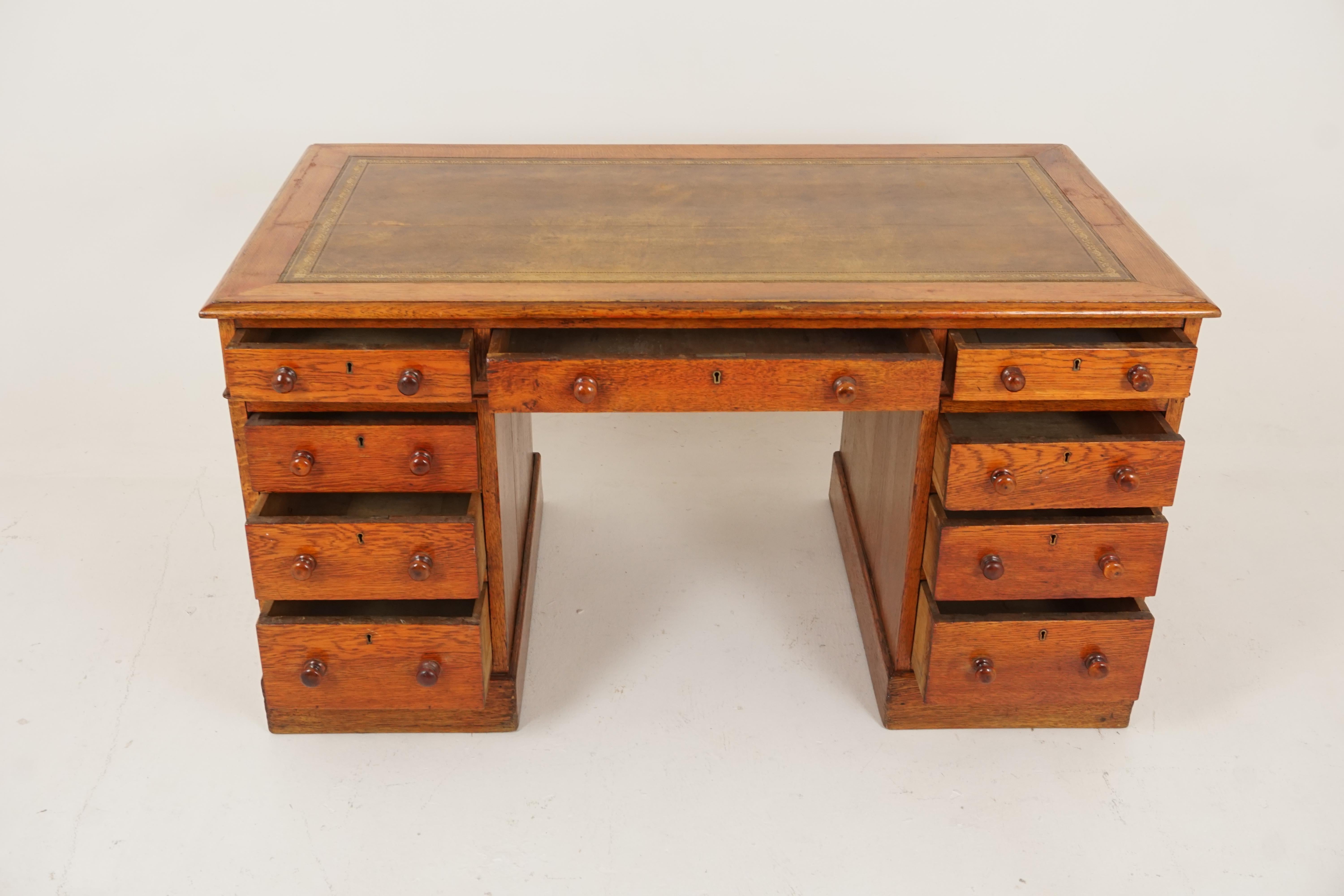 Antique early Victorian oak double pedestal desk, Scotland 1880, B2476

Scotland 1880
Solid oak and veneer
Original finish
Rectangular moulded top
Having an inset leather writing surface decorated with gold tooling
Below are half width drawers each