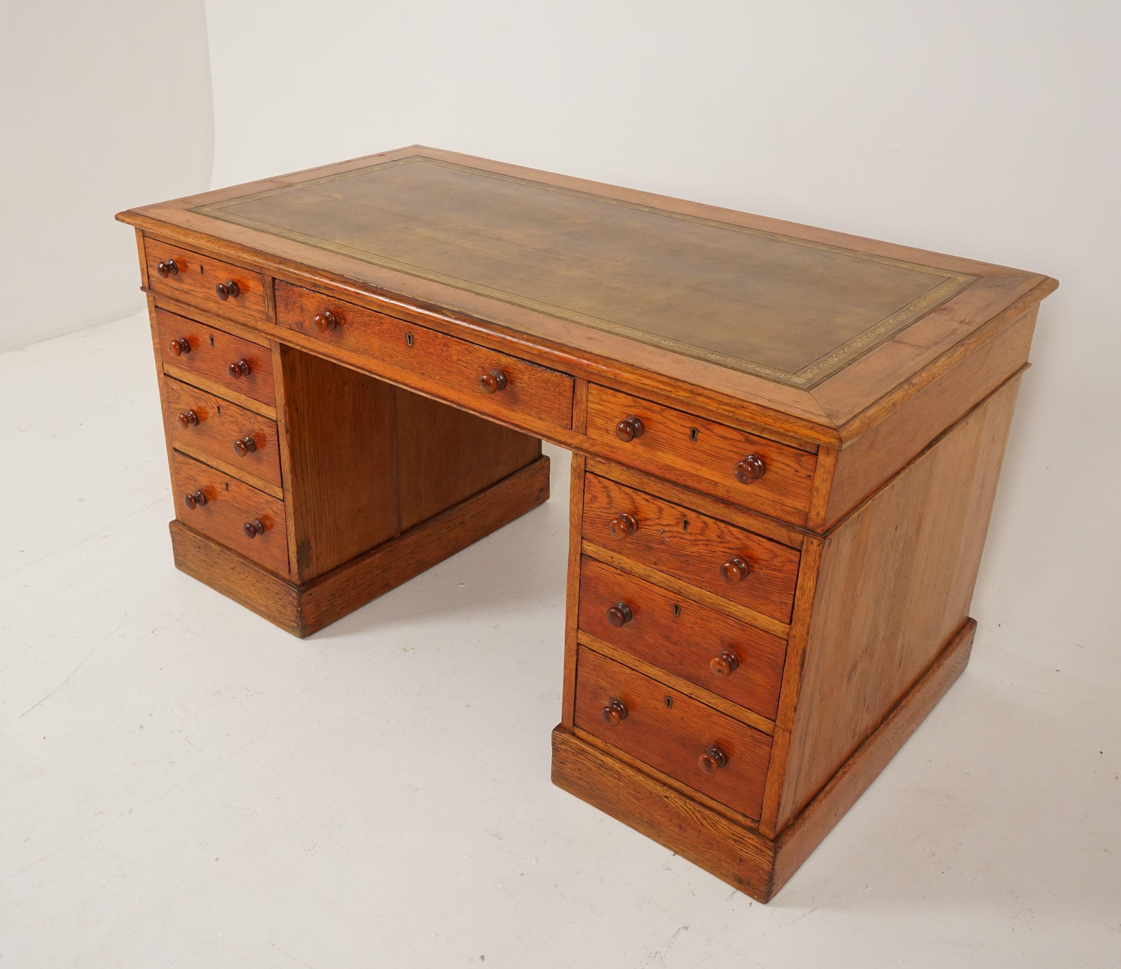 Hand-Crafted Antique Early Victorian Oak Double Pedestal Desk, Scotland 1880, B2476