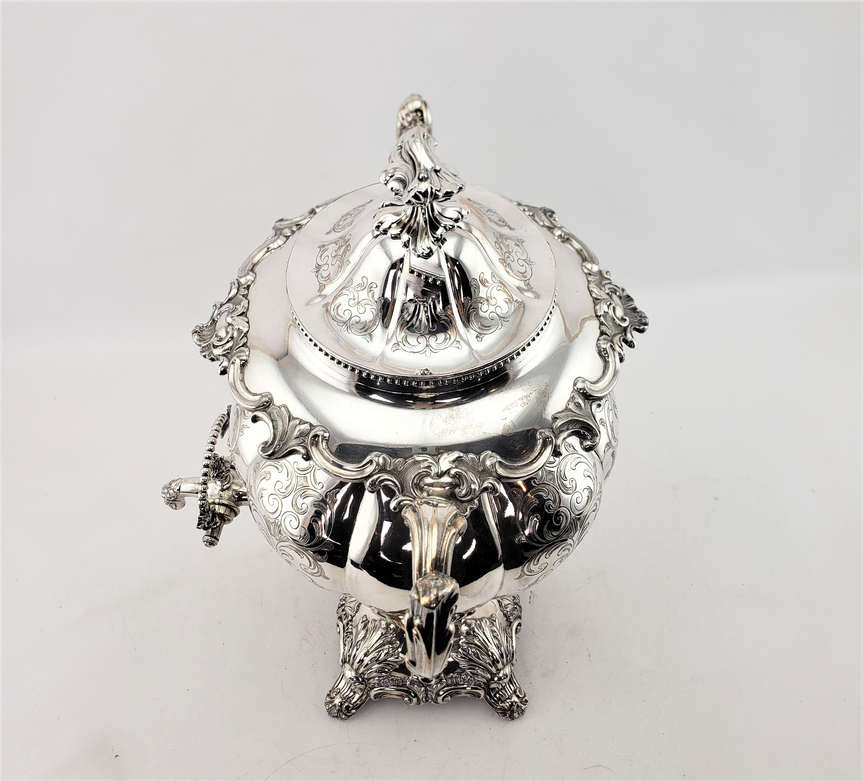 19th Century Antique Early Victorian Silver Plated Tea or Hot Water Urn with Floral Engraving For Sale