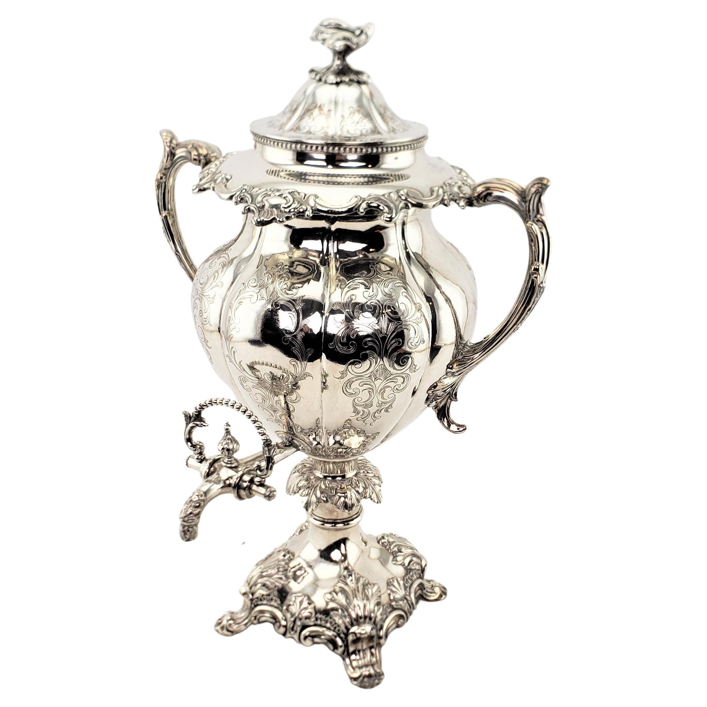 Antique Early Victorian Silver Plated Tea or Hot Water Urn with Floral Engraving For Sale