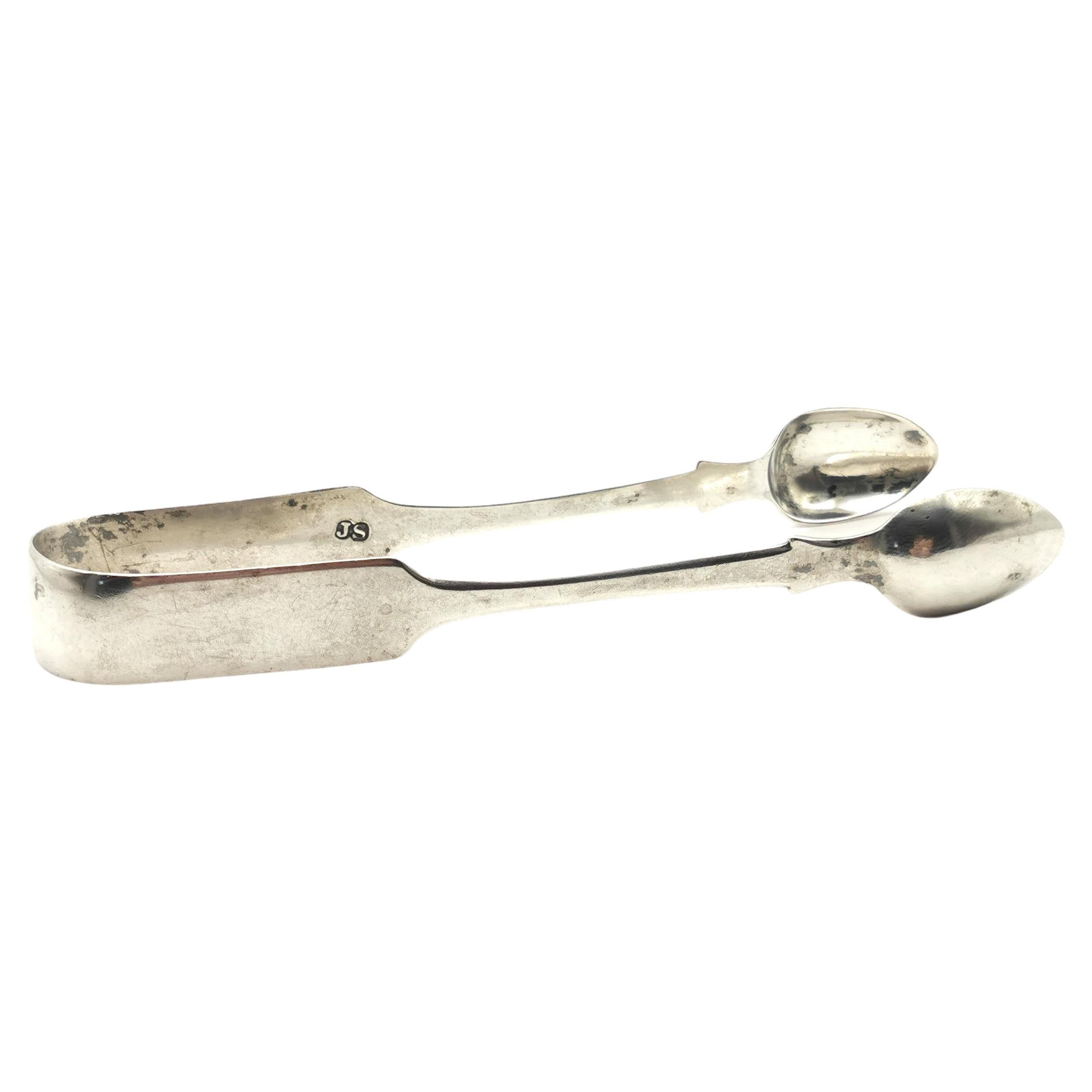 Antique early Victorian sterling silver sugar tongs, Exeter  For Sale