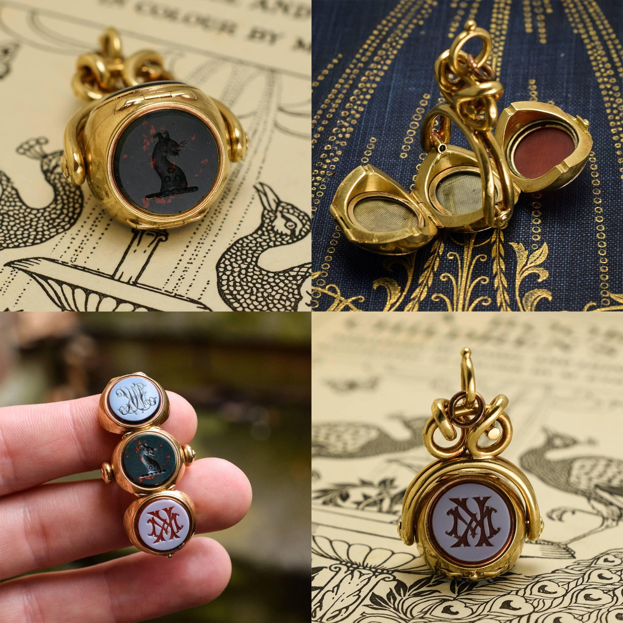 Antique Early Victorian Three Seal Spinner Locket Fob Necklace 2