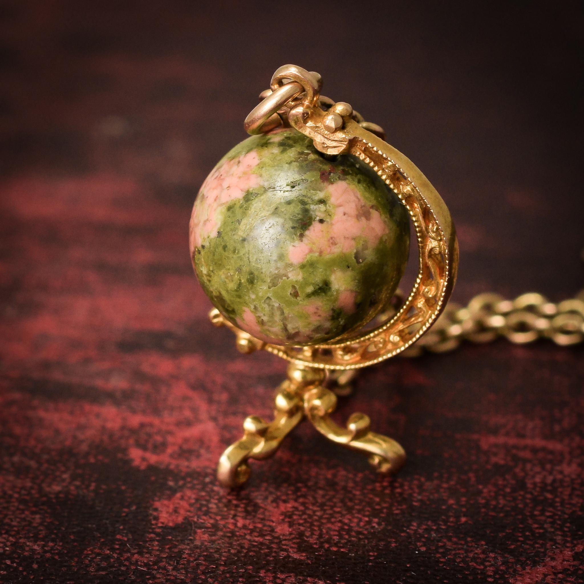 Women's Antique Early Victorian Unakite Jasper Spinning Globe Pendant