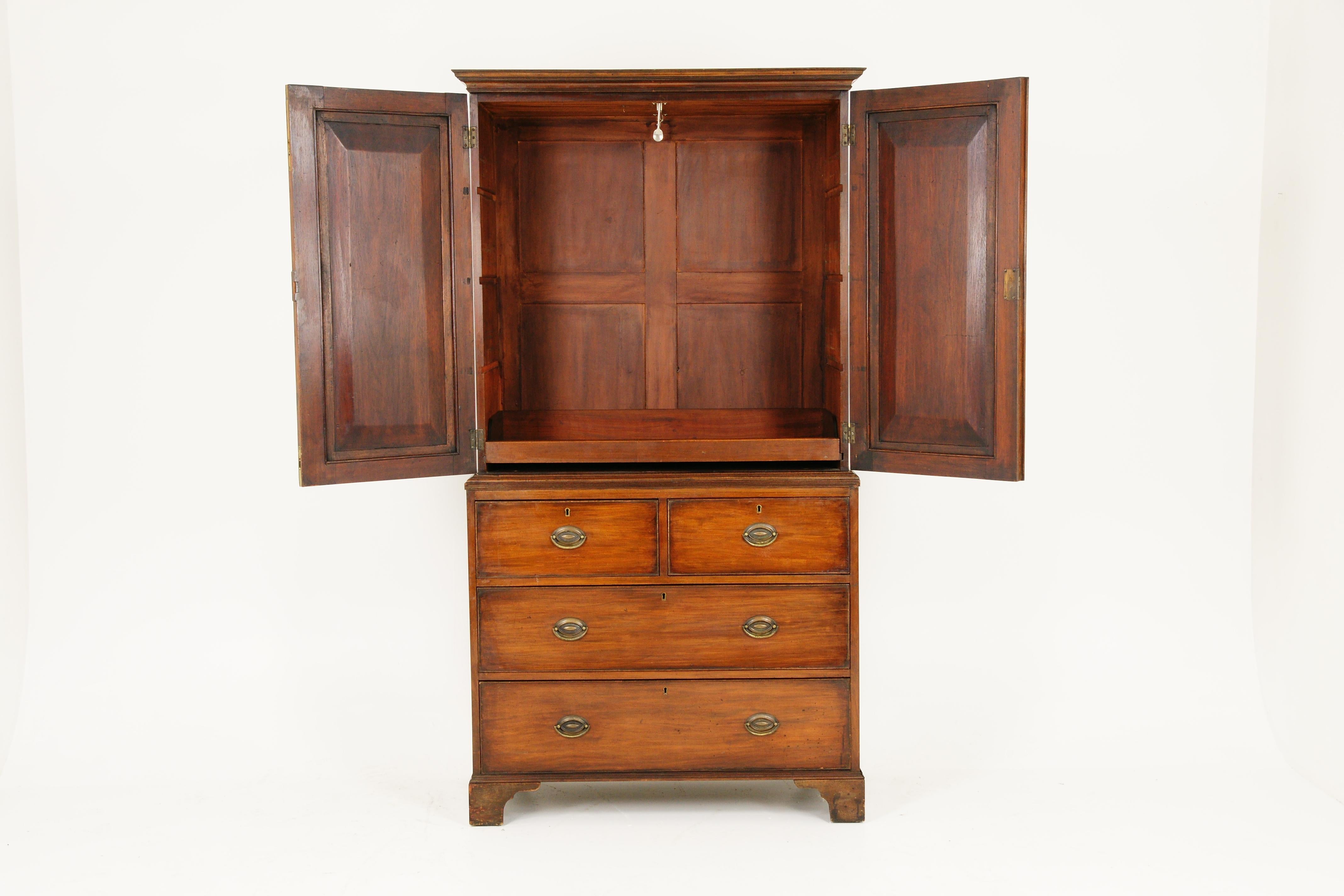 Antique early Victorian walnut linen press, gents dresser, antique furniture, Scotland 1830, 1663

Scotland 1830
Solid walnut and veneers
Original finish
Shaped overhang cornice above
Pair inlaid doors underneath open to reveal
to reveal