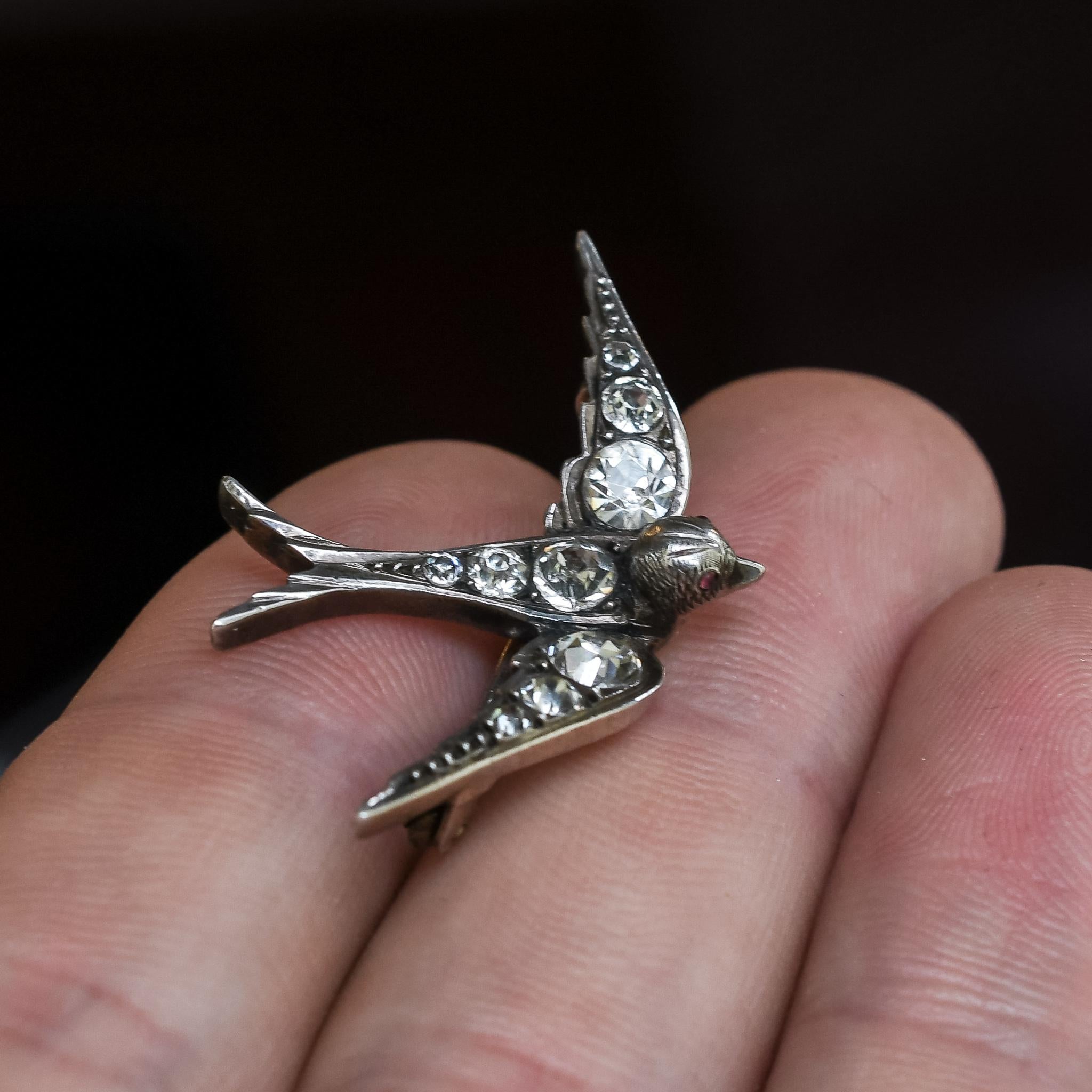 Women's or Men's Antique Early Victorian White Paste Swallow Brooch