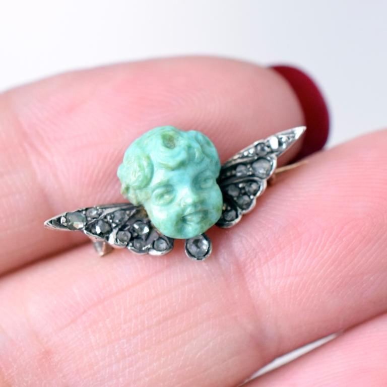 Rose Cut Antique Early Victorian Winged Diamond And Turquoise Cherub Brooch Circa 1850/60 For Sale