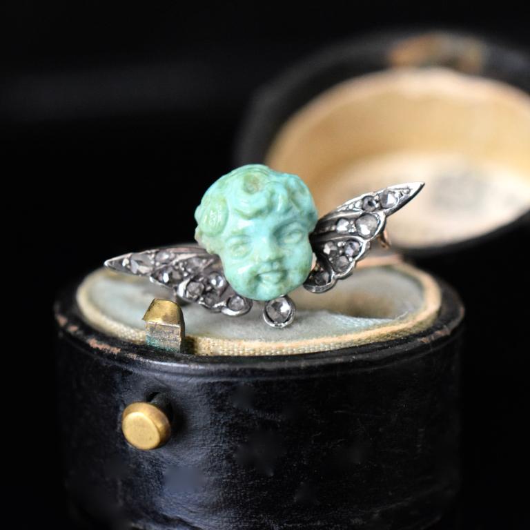 Antique Early Victorian Winged Diamond And Turquoise Cherub Brooch Circa 1850/60 In Excellent Condition For Sale In NEW TOWN, AU