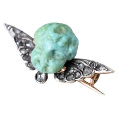 Antique Early Victorian Winged Diamond And Turquoise Cherub Brooch Circa 1850/60