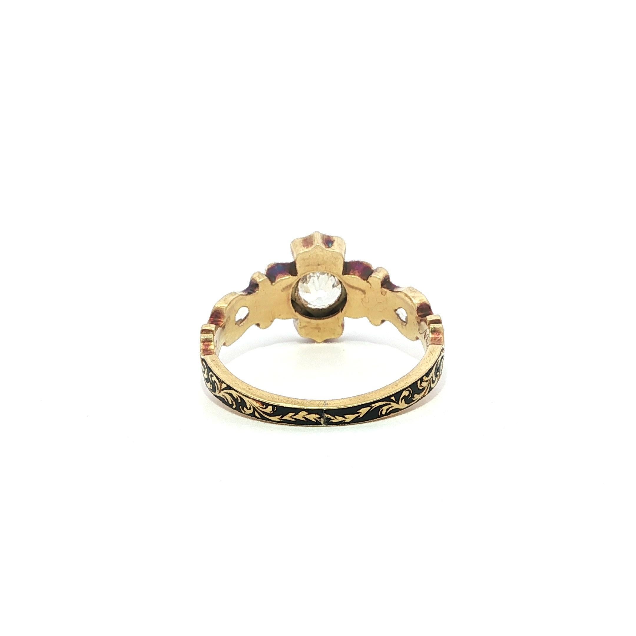 Antiker frühviktorianischer Gelbgold-Rosenschliff-Diamant-Schwarzemaille-Trauerring im Angebot 6