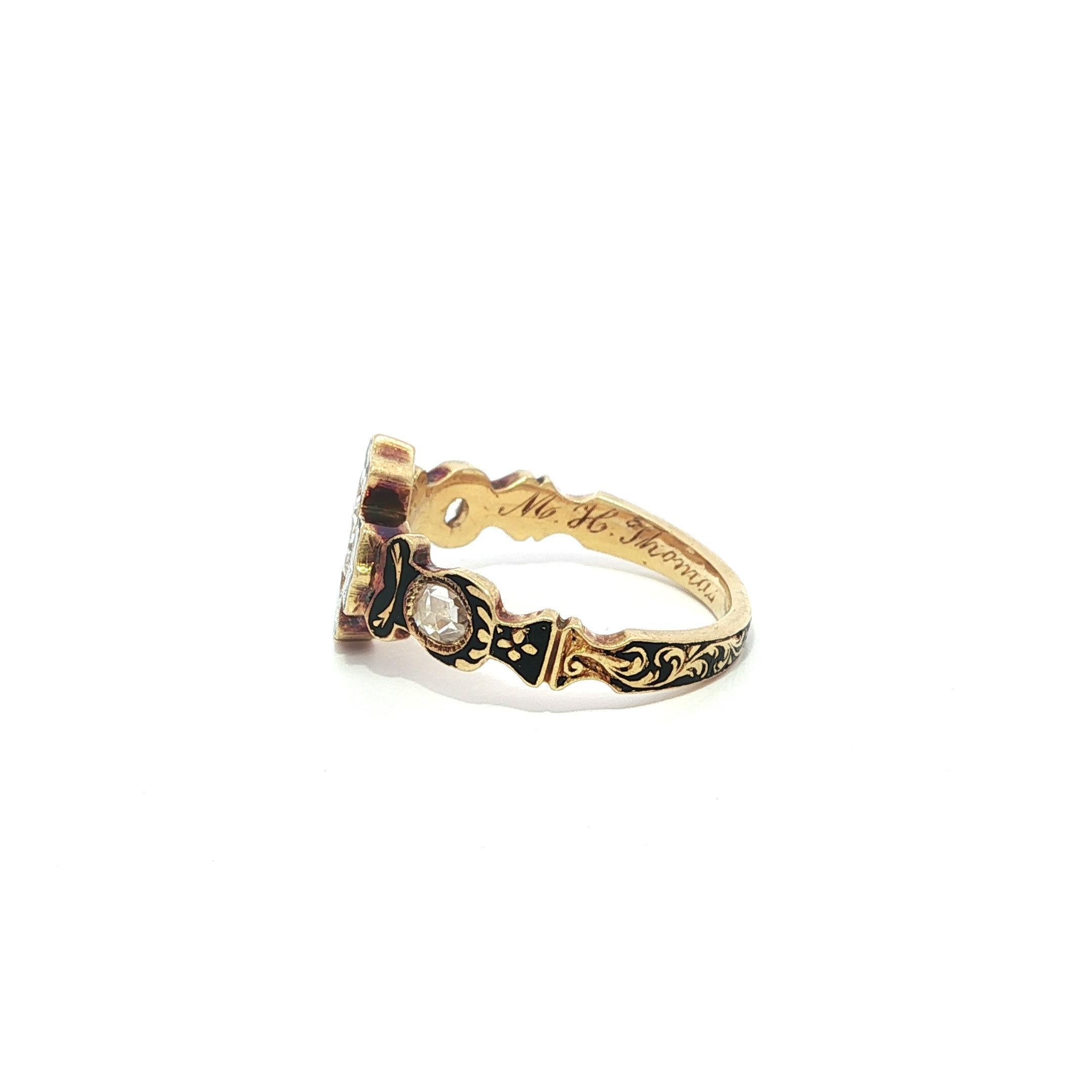 Antiker frühviktorianischer Gelbgold-Rosenschliff-Diamant-Schwarzemaille-Trauerring im Angebot 7