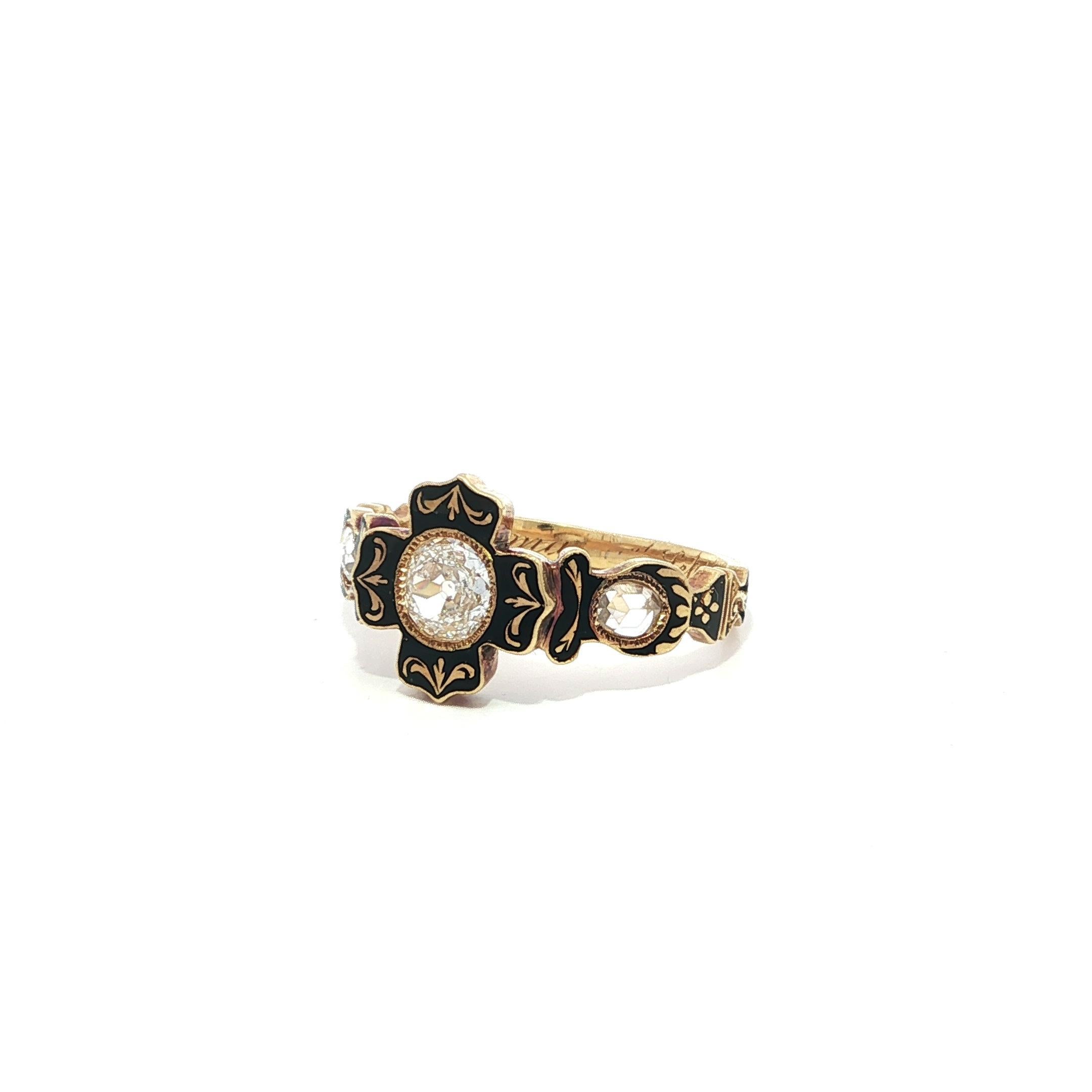 Antiker frühviktorianischer Gelbgold-Rosenschliff-Diamant-Schwarzemaille-Trauerring im Angebot 8