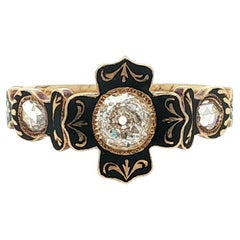 Antiker frühviktorianischer Gelbgold-Rosenschliff-Diamant-Schwarzemaille-Trauerring