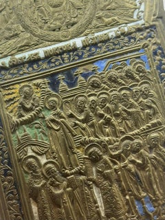 Antique early XIXc Russian Orthodox Pokrov Travelling Icon, Brass & Enamel.