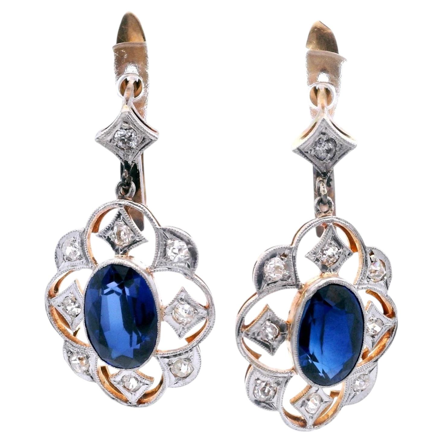 Antique Earrings 18kt gold and Platinum with Synthetic Sapphires and Diamonds