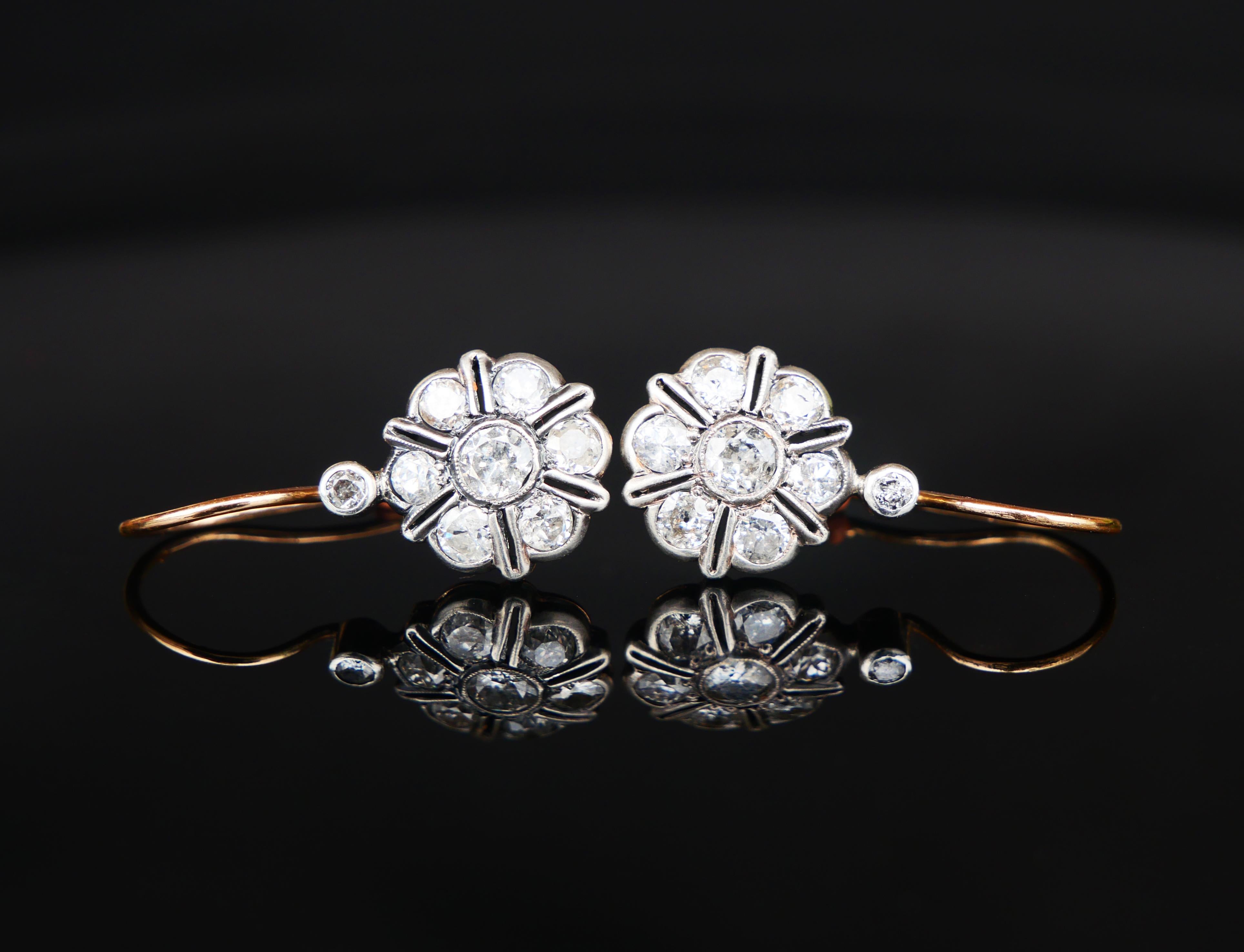 Un paio di antichi orecchini di diamanti europei risalenti agli anni '20-'30 circa.

Nessun segno distintivo. Fili Metallo testato Oro rosa 14 carati, cluster in oro bianco o argento. È arrivato con una scatola, con il nome del gioielliere norvegese