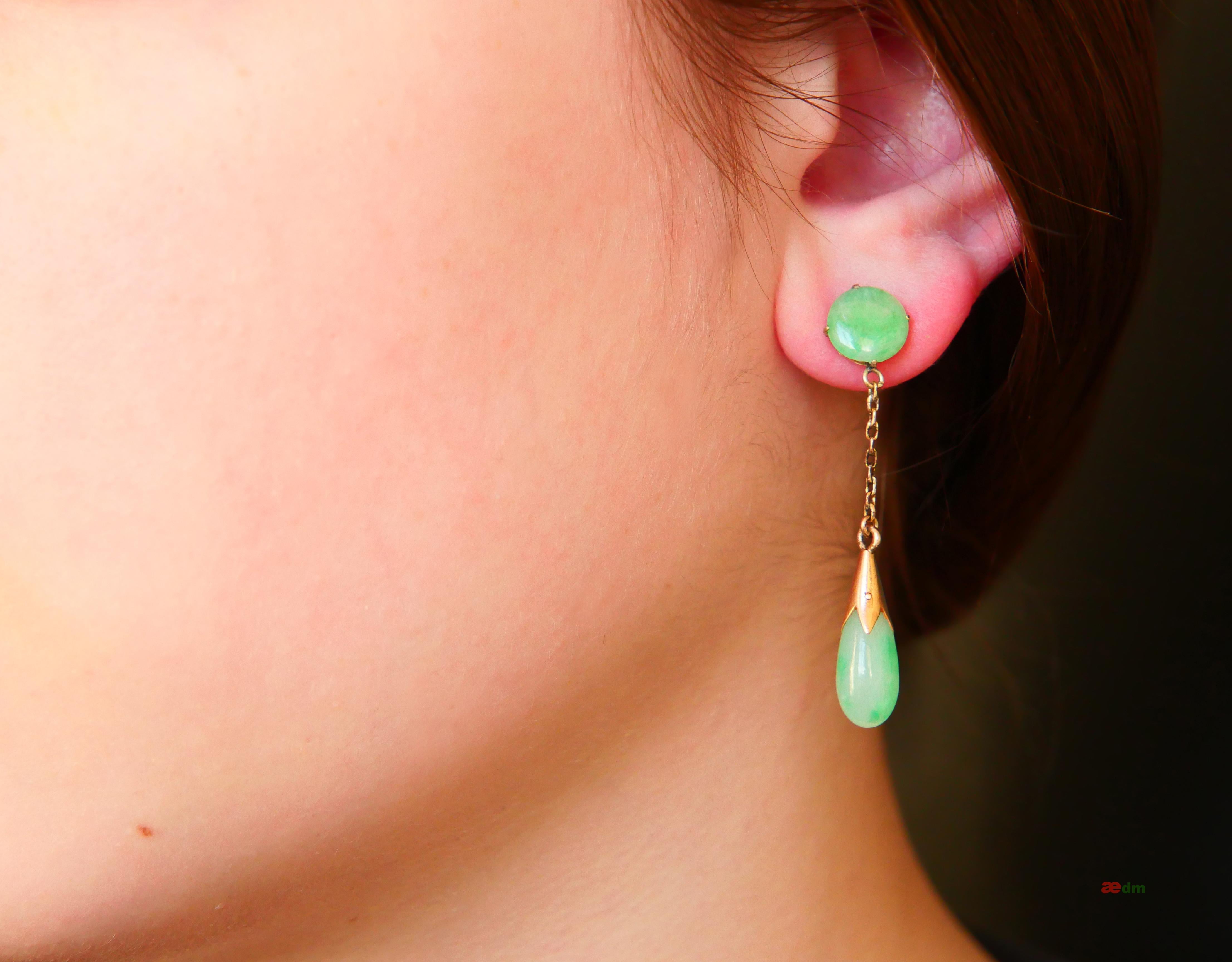 Cabochon Antique Earrings 8ct natural Jade solid 14K Gold / 4.9 gr For Sale