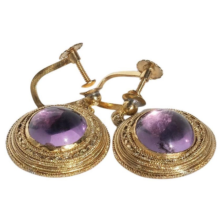Boucles D'oreilles Anciennes Fin 19e Siècle - Métal Doré, Perles Et Améthystes