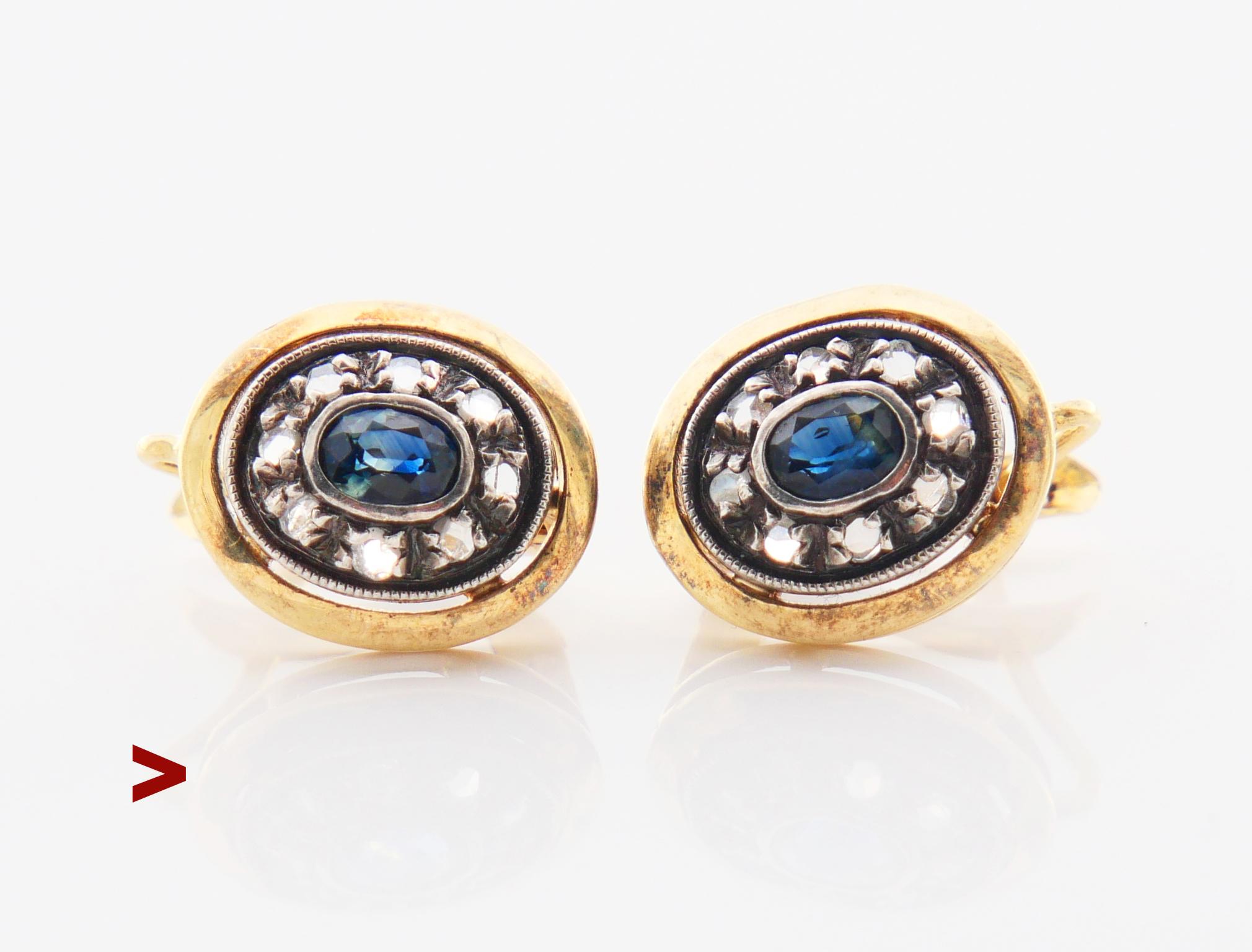 Italienisches Paar mit natürlichen blau-grünen Saphiren und 16 Diamanten im Rosenschliff. Durchbrochene Brücke und Krone mit zwei Lünetten, innen in Silber. Komplizierte italienische Version des 