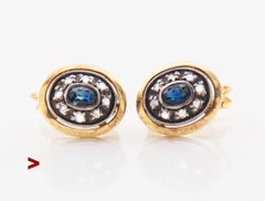 Orecchini antichi 0,7ct Zaffiri naturali Diamanti Oro massiccio 18K Argento / 4,6 gr