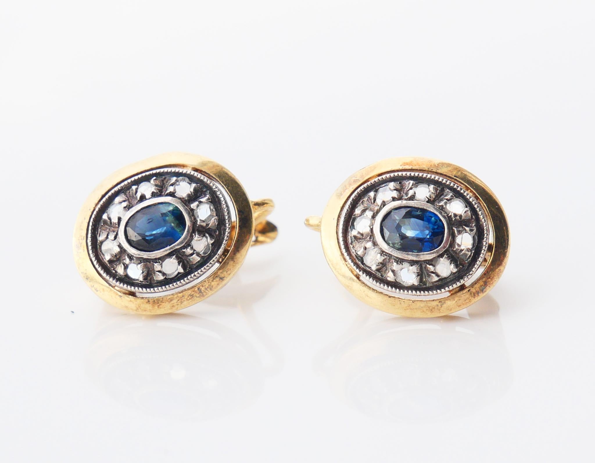 Antike Ohrringe natürliche 0,7ct Saphire Diamanten massiv 18K Gold Silber / 4,6 gr (Art déco) im Angebot