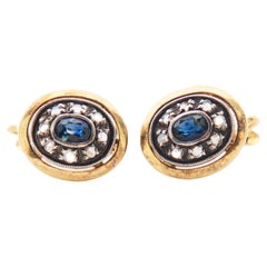 Antike Ohrringe natürliche 0,7ct Saphire Diamanten massiv 18K Gold Silber / 4,6 gr