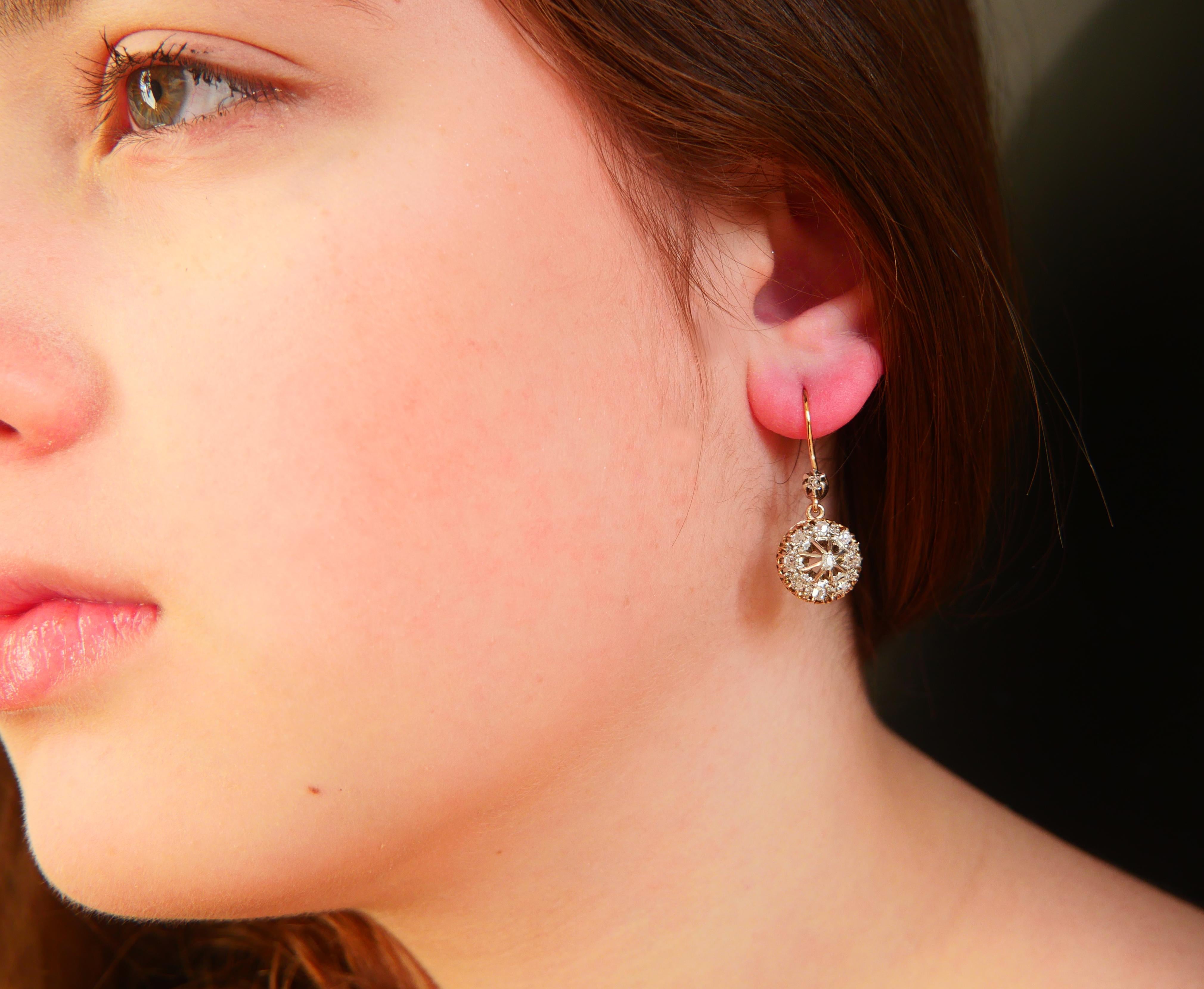 Old Mine Cut Antique Earrings natural 1.2 ctw Diamonds solid 14K Gold / 4.75 gr For Sale