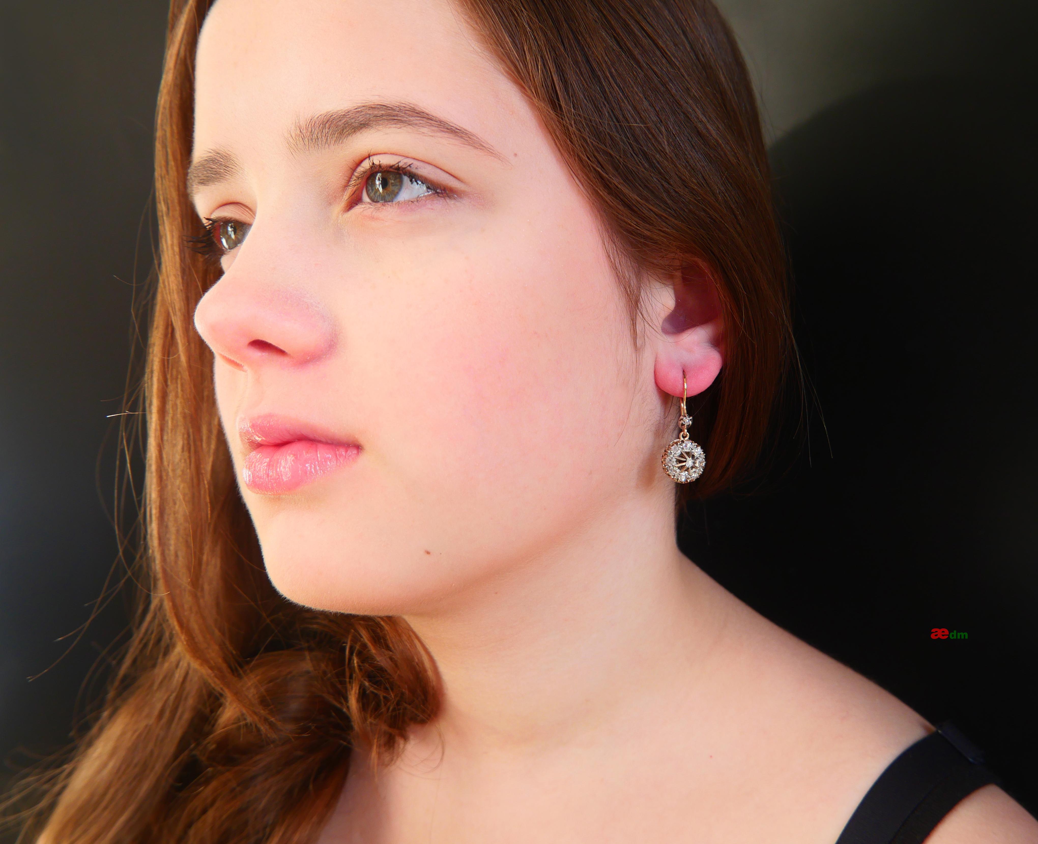 Women's Antique Earrings natural 1.2 ctw Diamonds solid 14K Gold / 4.75 gr For Sale