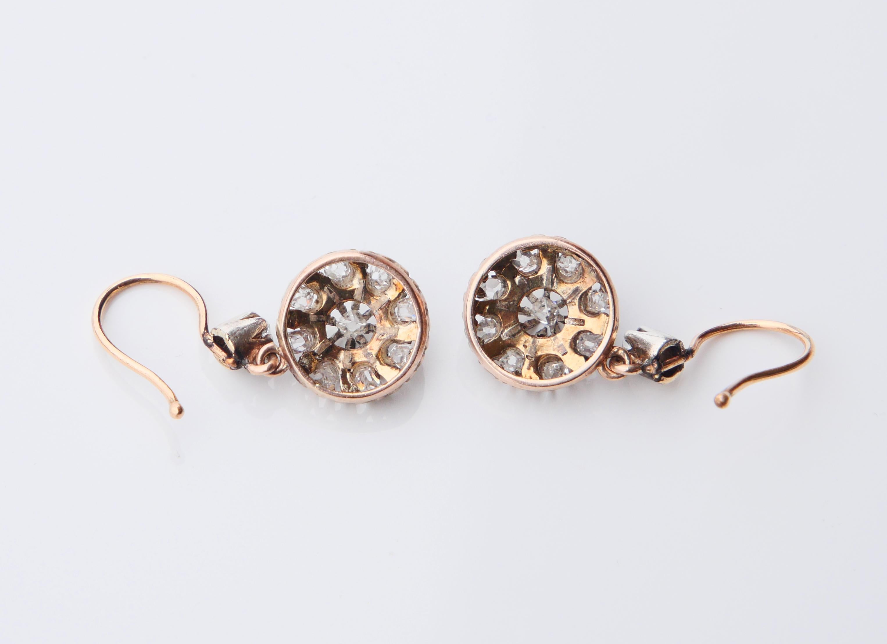 Antique Earrings natural 1.2 ctw Diamonds solid 14K Gold / 4.75 gr For Sale 4
