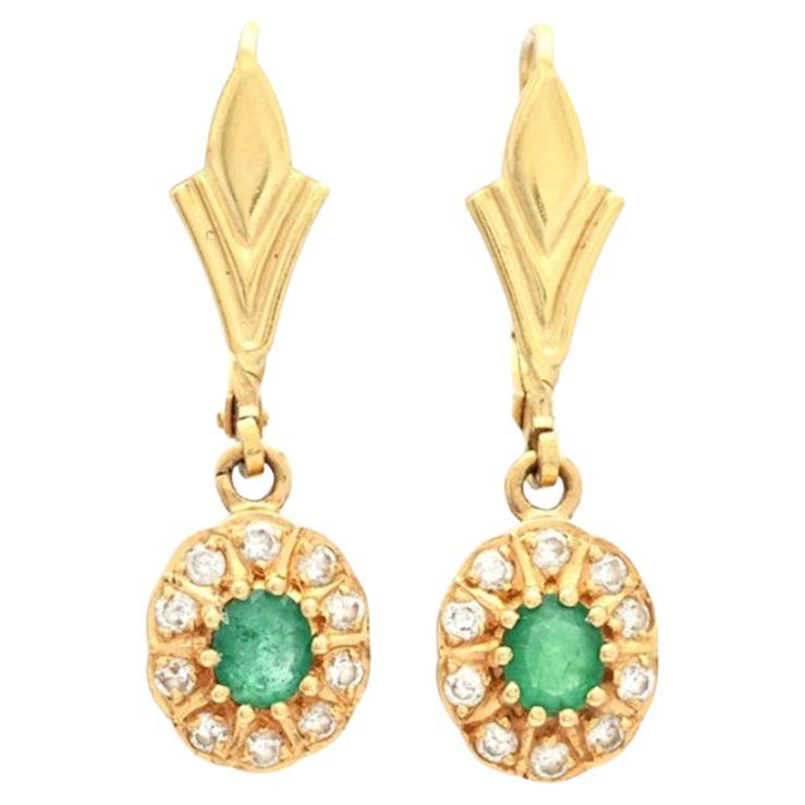 Antique Earrings natural 1.4 ctw Emerald 0.6ctw Daimonds solid 18K Gold / 4.2 gr
